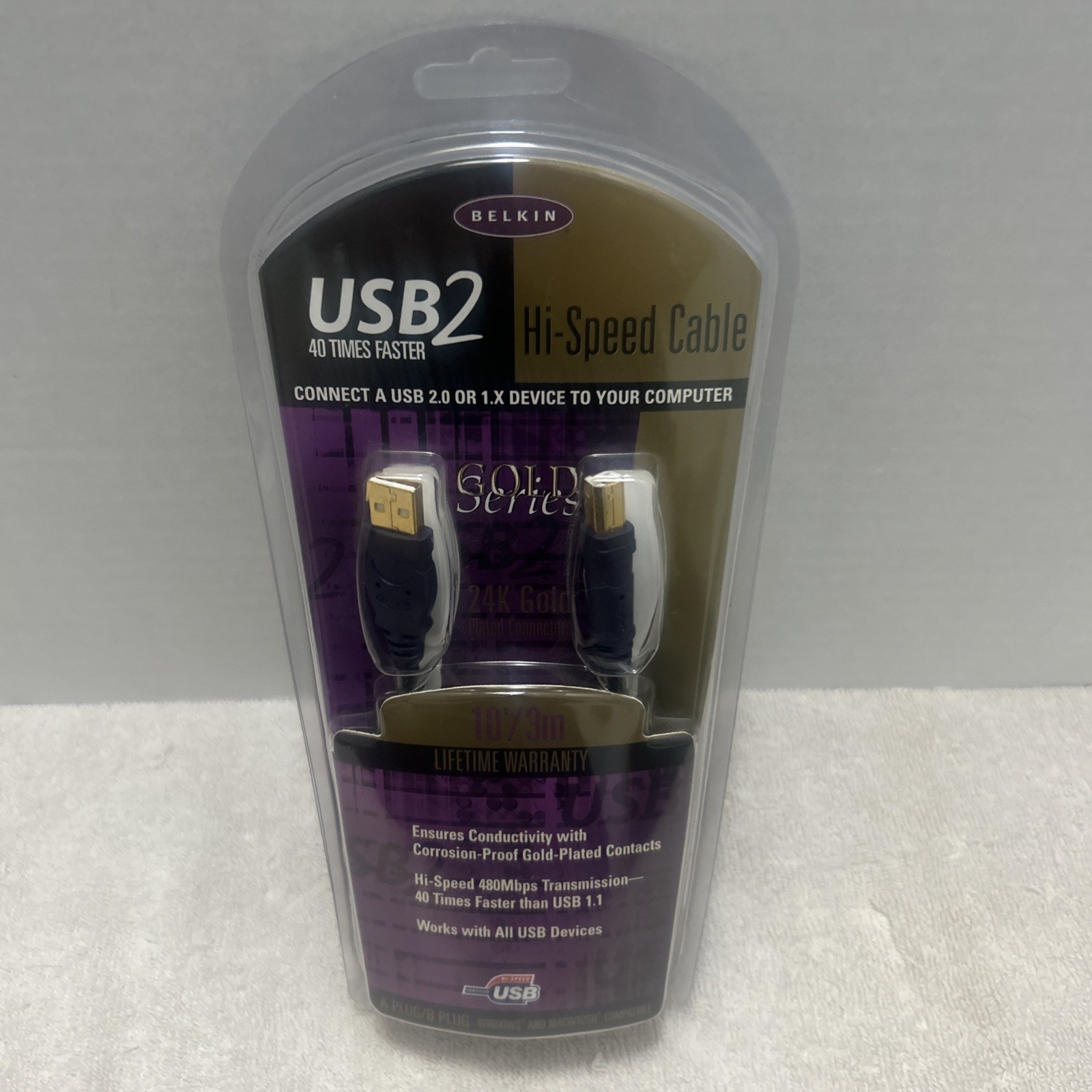BELKIN USB Gold Series Cable 24K Gold Plated Connectors 10' Type A-B Windows Mac
