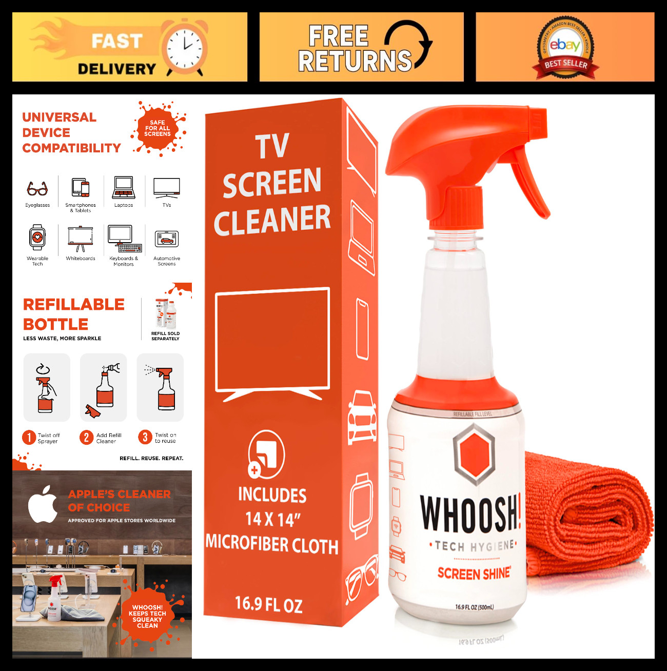 Streak-Free TV Screen Cleaner & Microfiber Cloth - Non-Toxic Electronics Cleanin