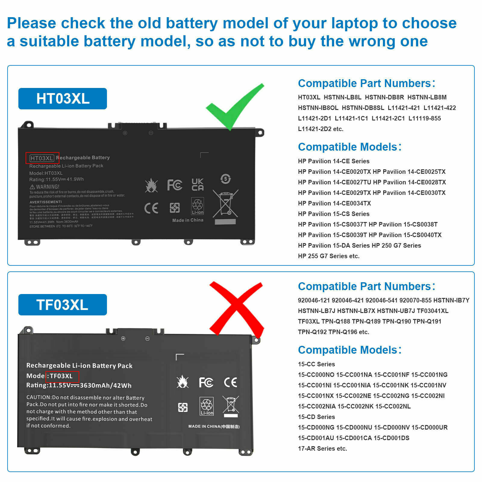 Lot HT03XL Battery for HP Pavilion L11421-2C2 L11119-855 15-CS 15-DA 14-CE 14-CF