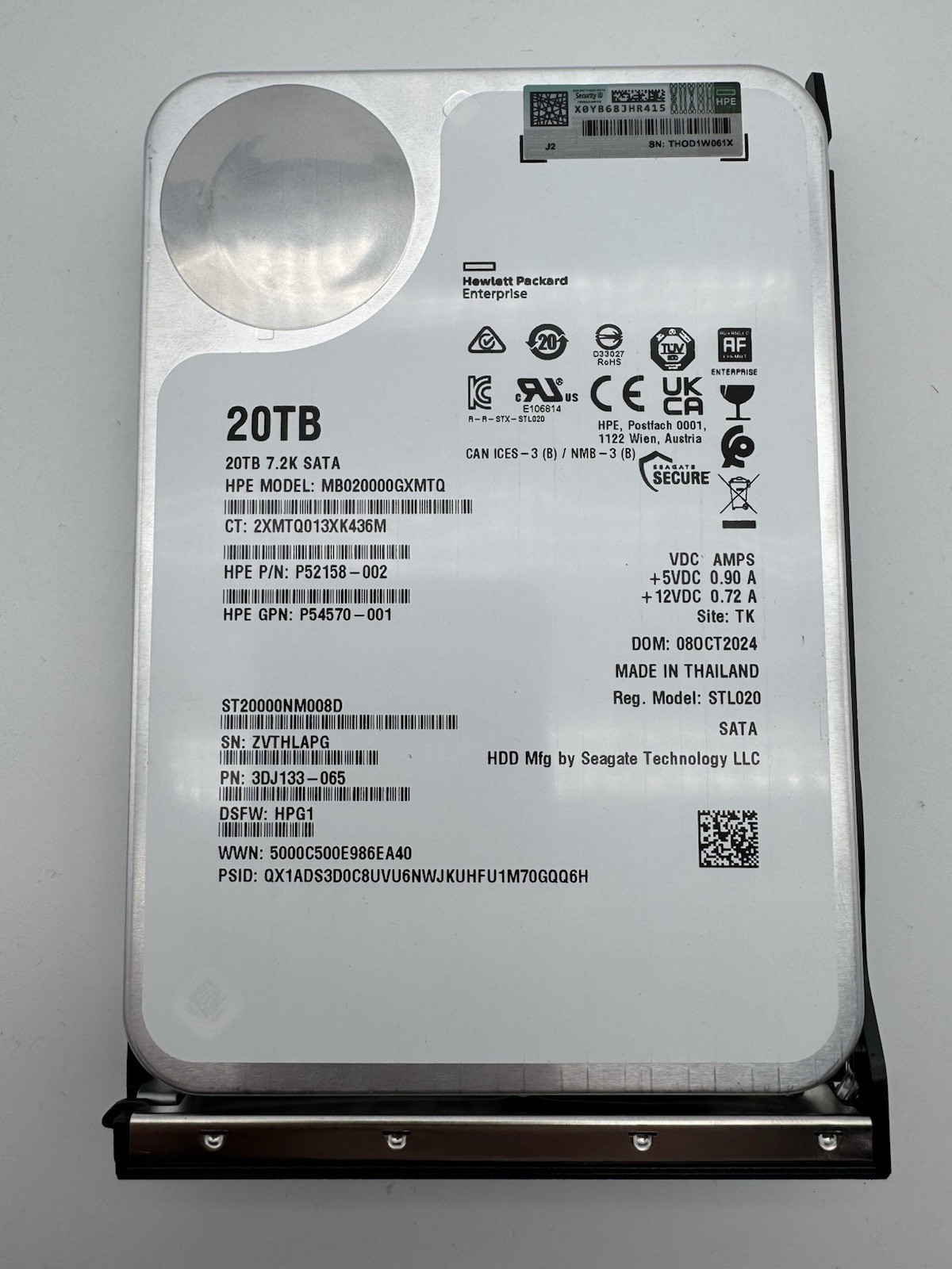 *DEFECTIVE* SEAGATE HP ENTERPRISE 20TB SATA HARD DRIVE WITH CADDY ST20000NM008D