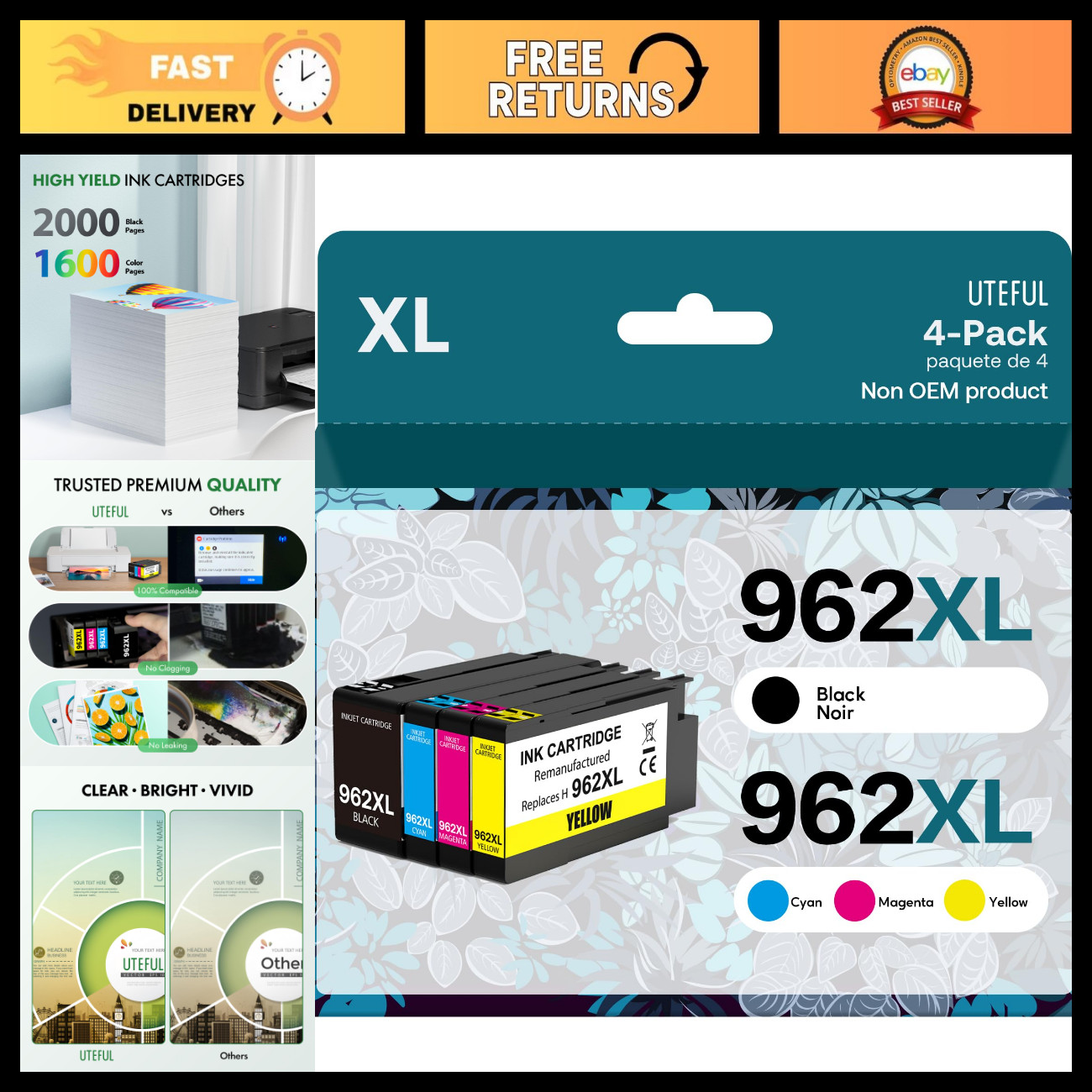 High-Quality Compatible Ink Cartridges 962XL Replacement 4 Pack - Black, Yellow,