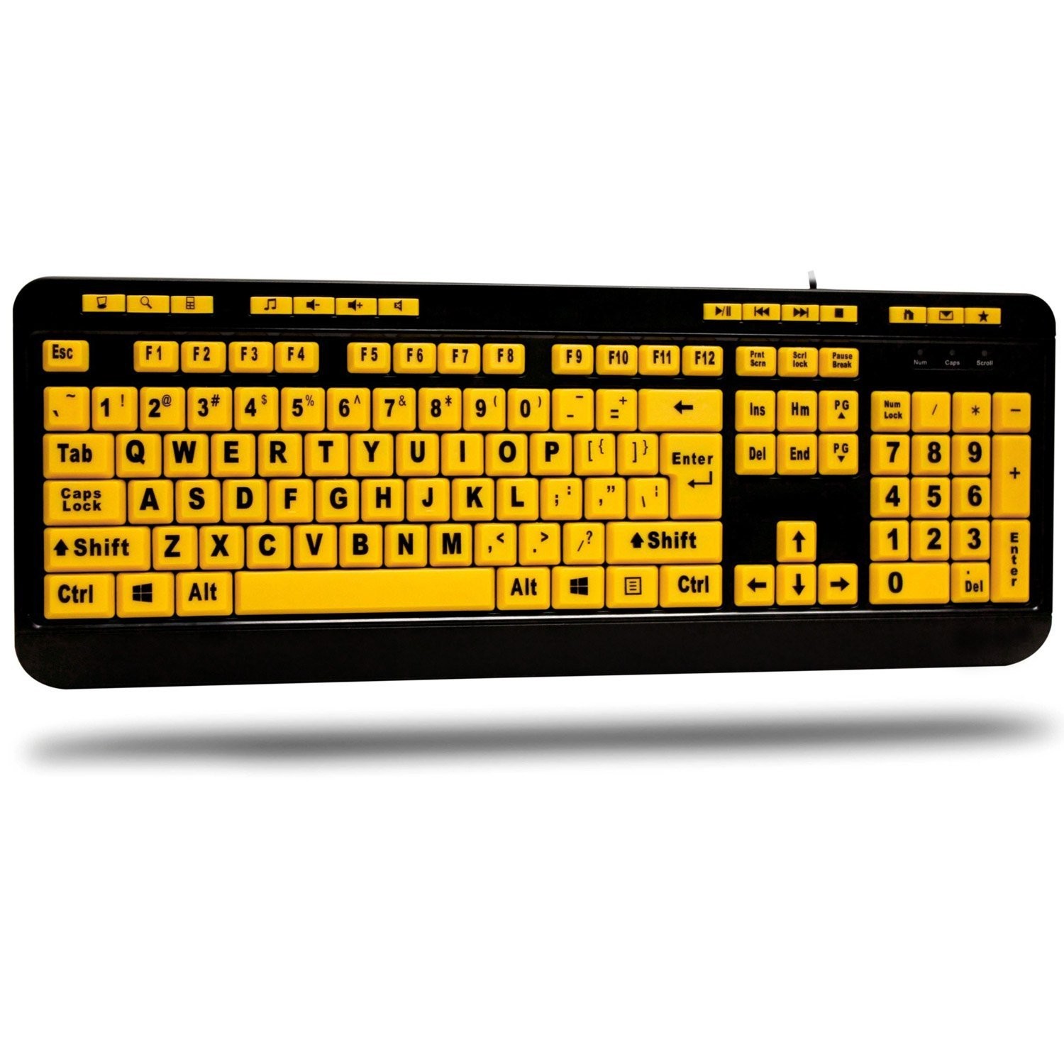 Large Print Multimedia USB Keyboard Black Yellow High Visibility Keys