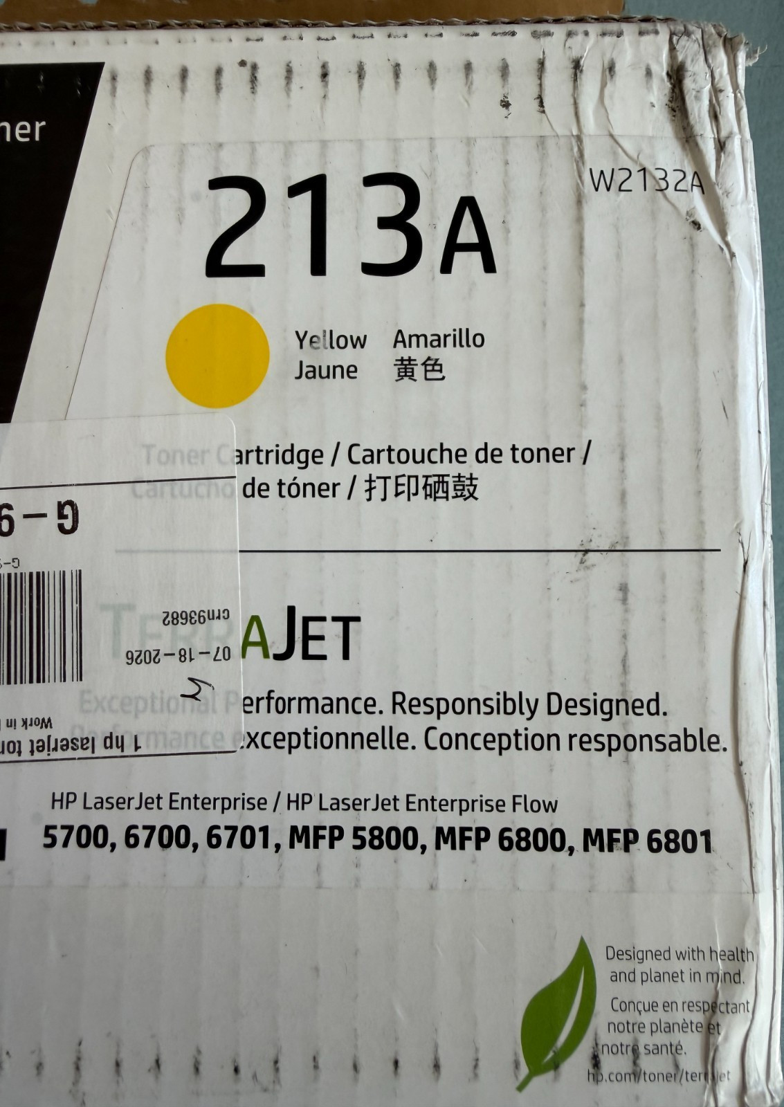 HP 213A Yellow Toner Cartridge for LaserJet Series: 5700, 5800 W2132A - Open Box