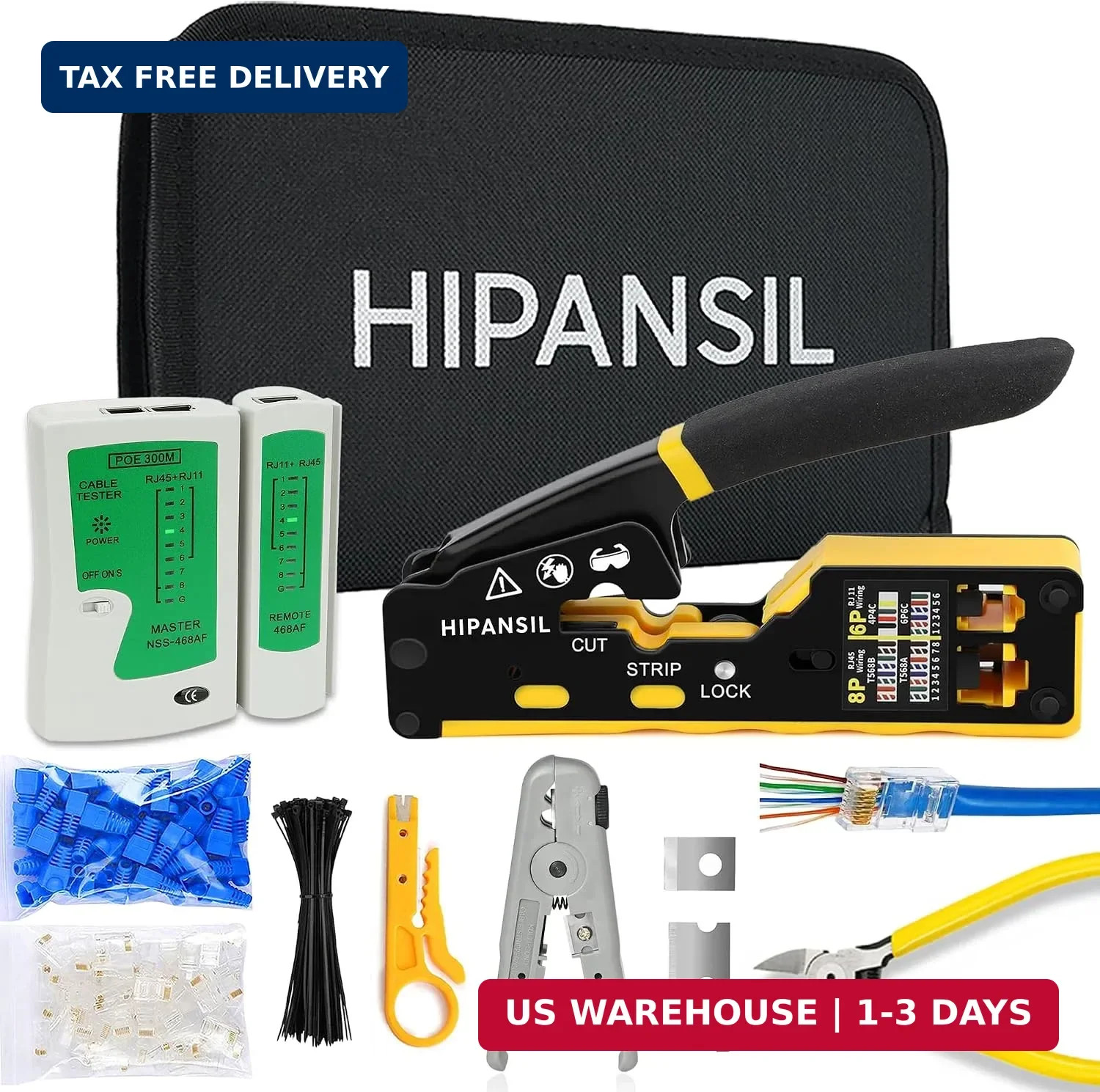 RJ45 Crimp Tool, Ethernet Crimper Tool Kit With CARRYING CASE, All-In-One Pass T
