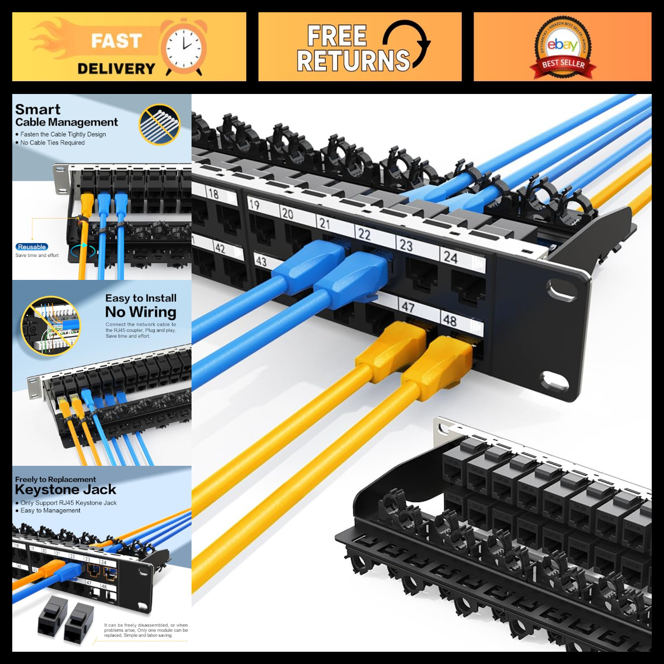 48 Port Cat6A Patch Panel RJ45 UTP Network with Smart Cable Management 19" Rackm