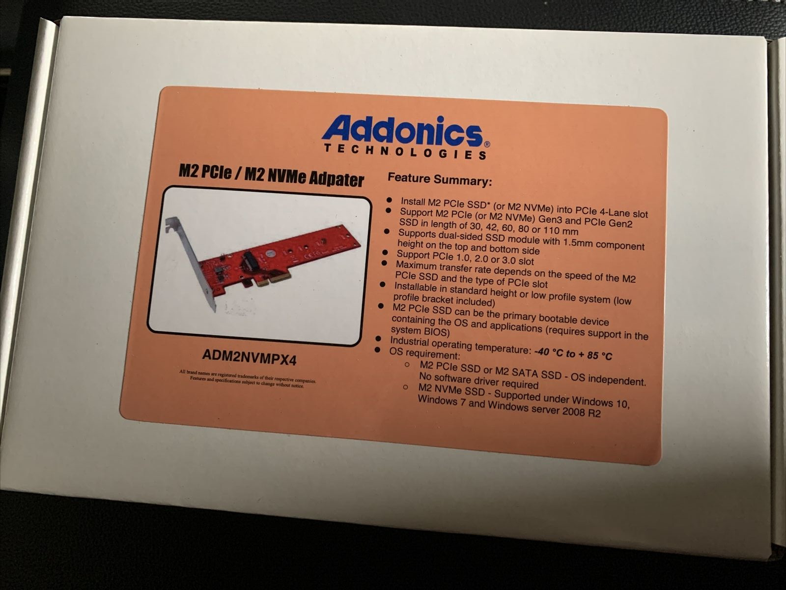 Addonics Communications M2 PCIE SSD ADAPTER (ADM2NVMPX4) New Factory Sealed