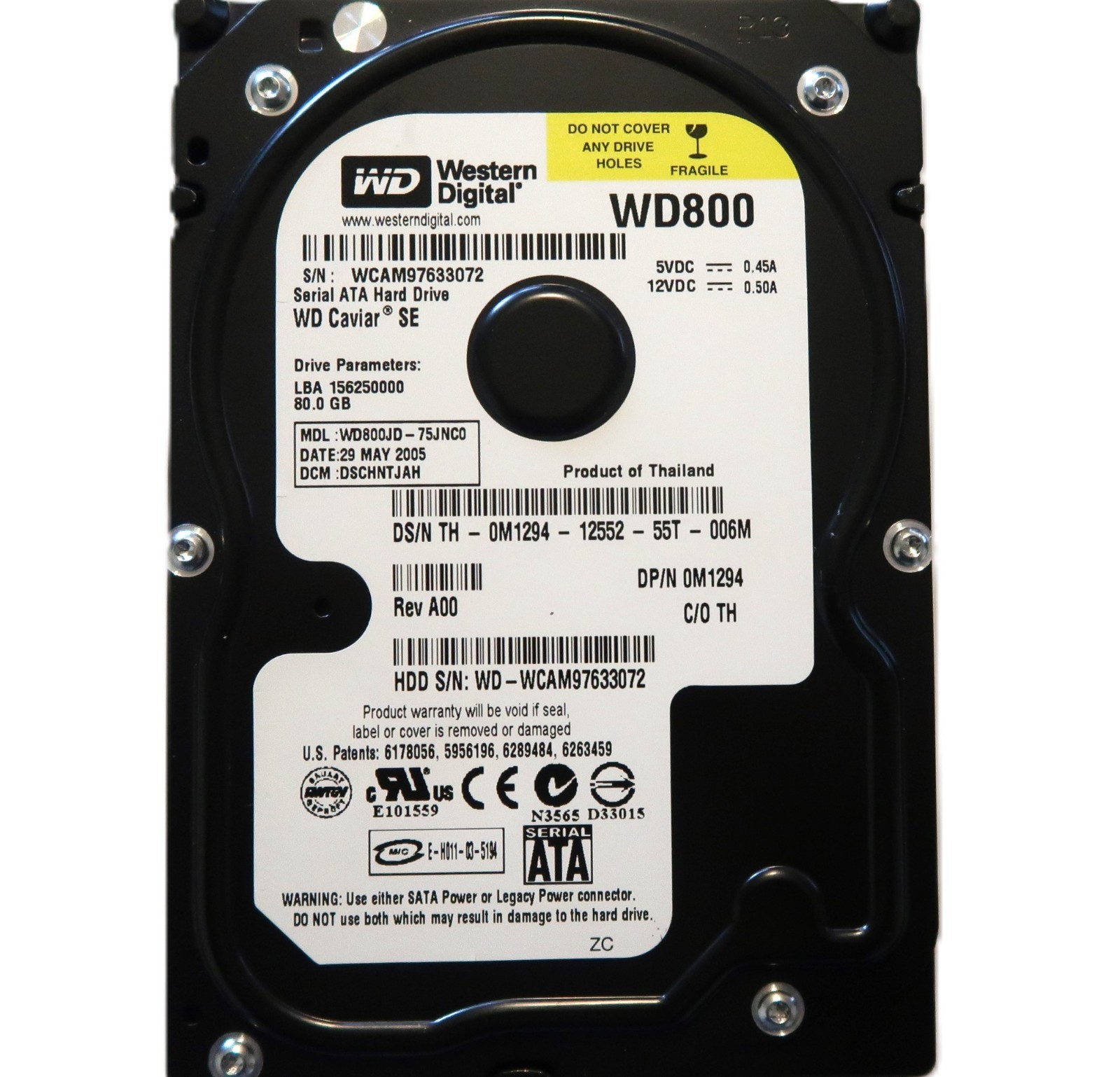 Western Digital WD800JD-75JNC0 DSCNHTJAH (WCAM) Thailand 80gb Sata 3.5" 05/2005