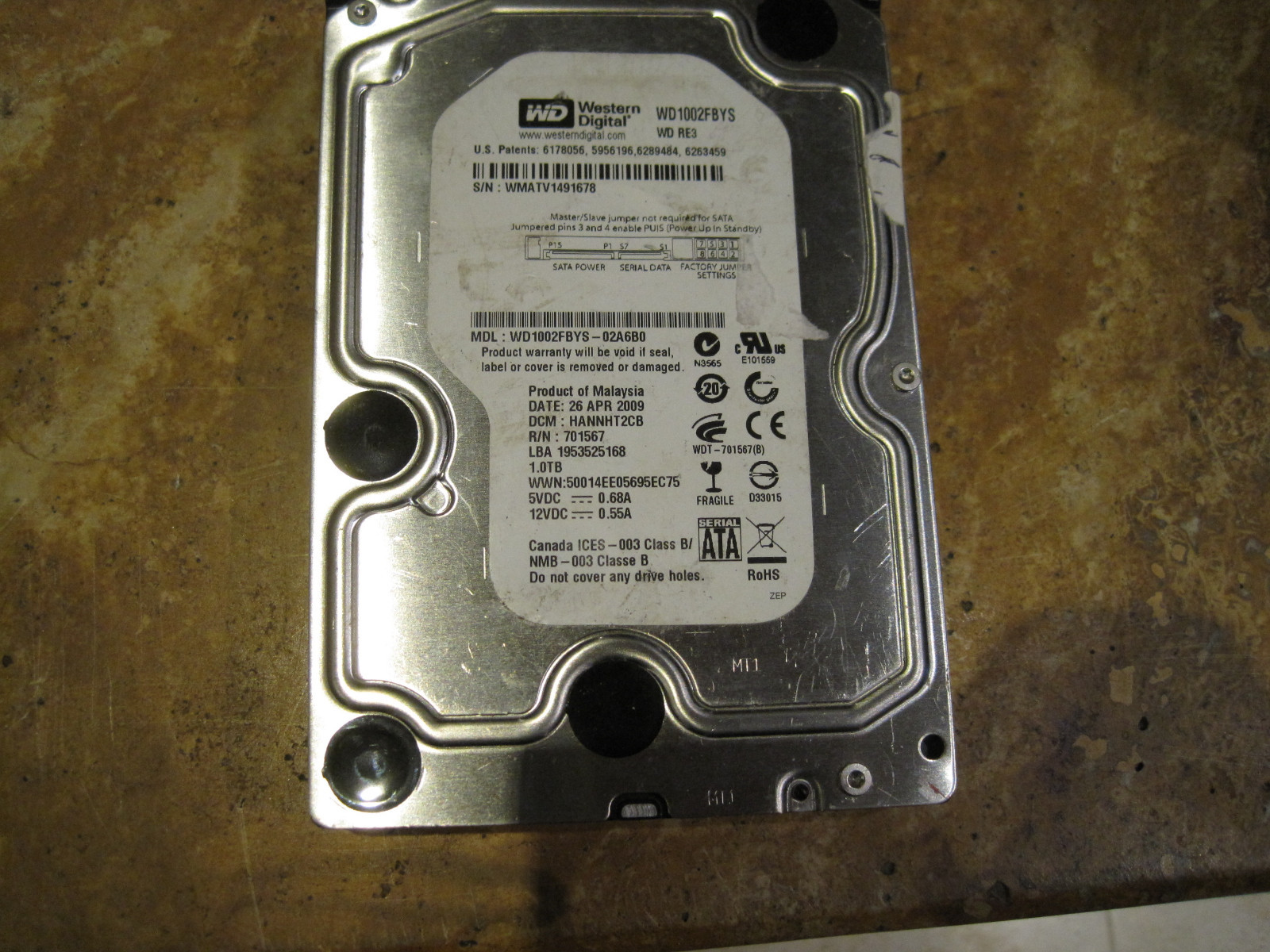  WESTERN DIGITAL...WD1002FBYS...1TB 7200RPM 3.5" SATA RE3...  TESTED