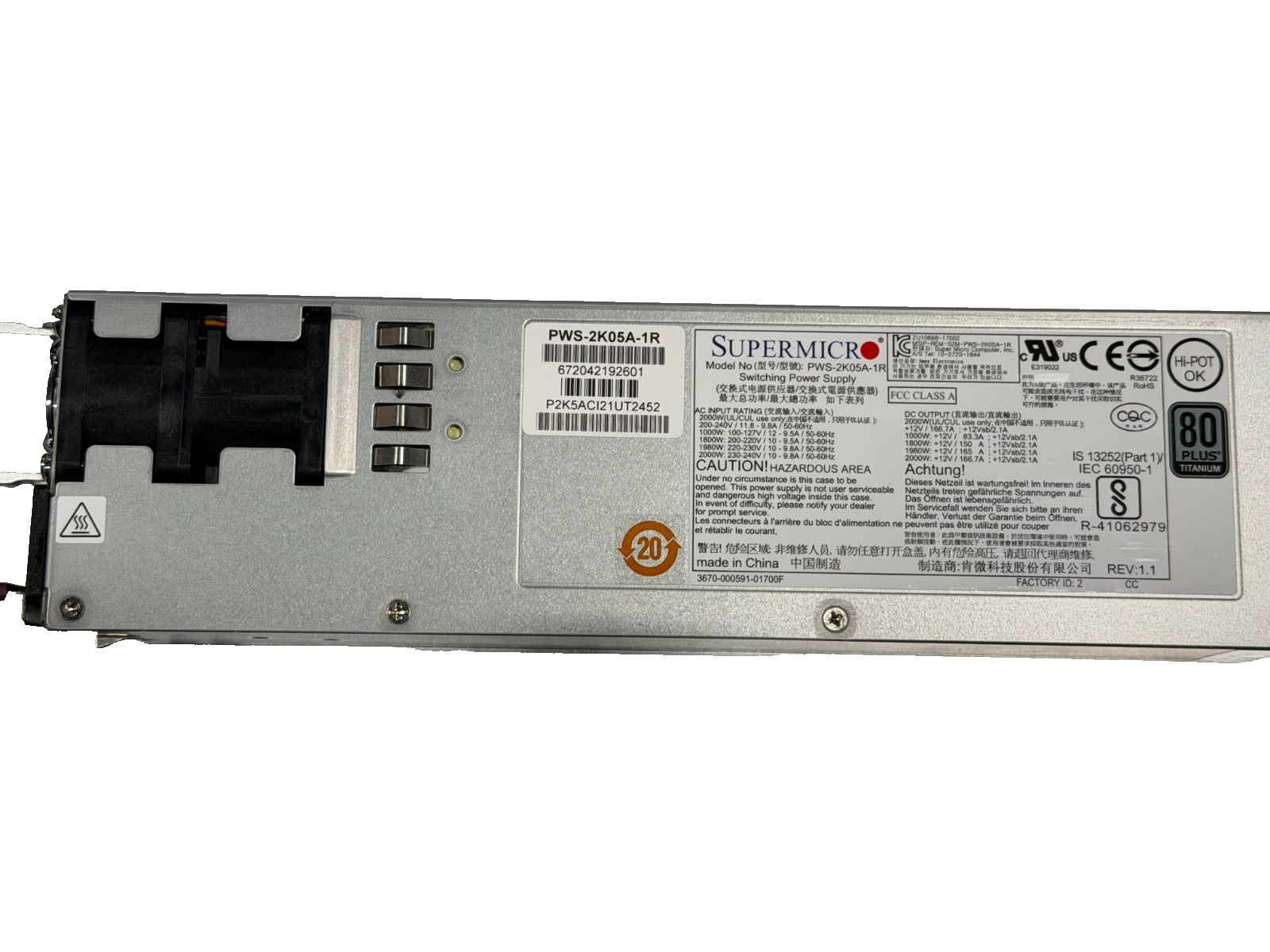 Lot of 4 Supermicro PWS-2K05A-1R 2000W Titanium High Efficiency AC Power supply