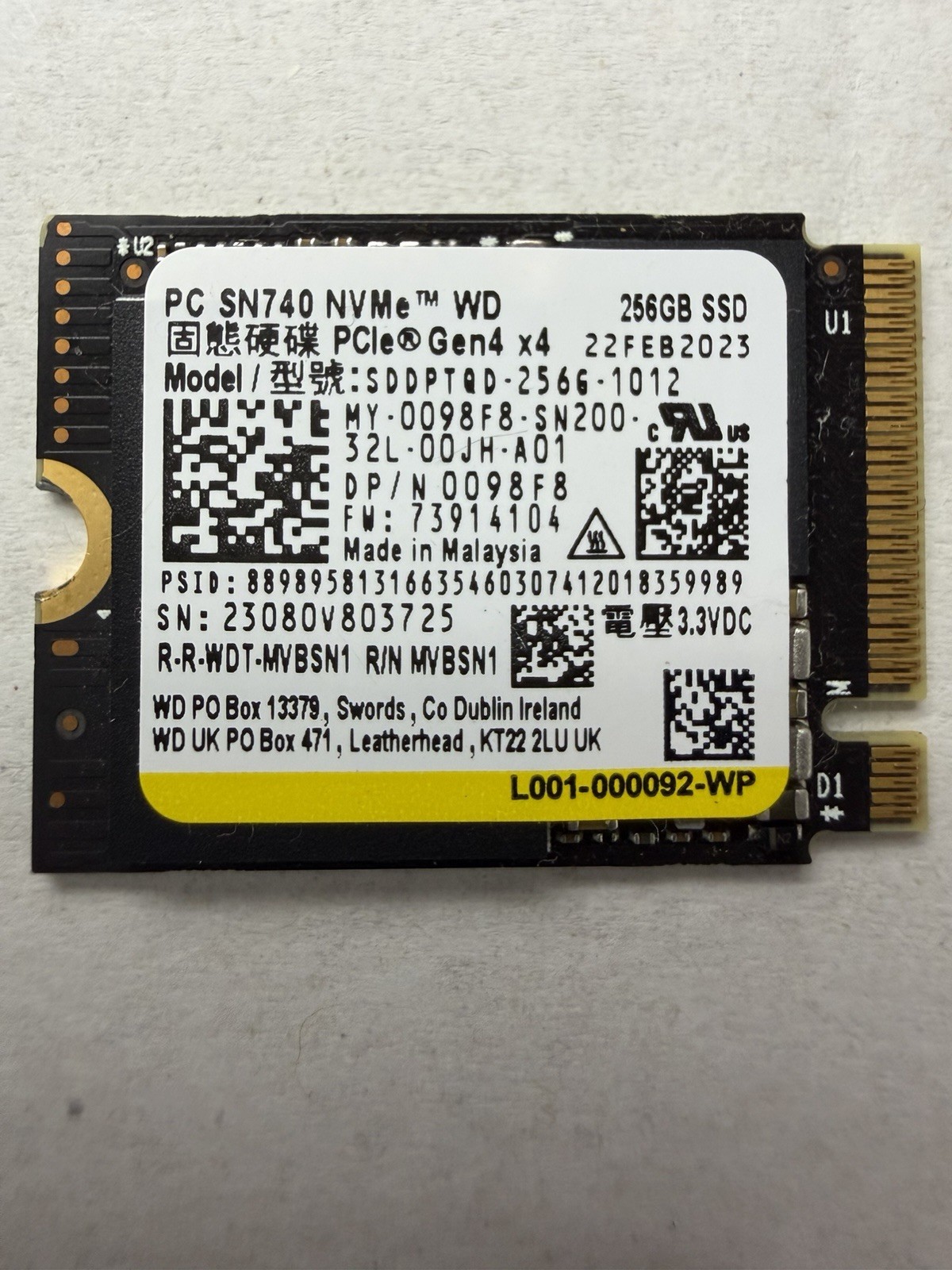 WD PC SN740 256GB M.2 2230 NVMe PCIe Gen4 x4 SSD SDDPTQD-256G Dell 0098F8