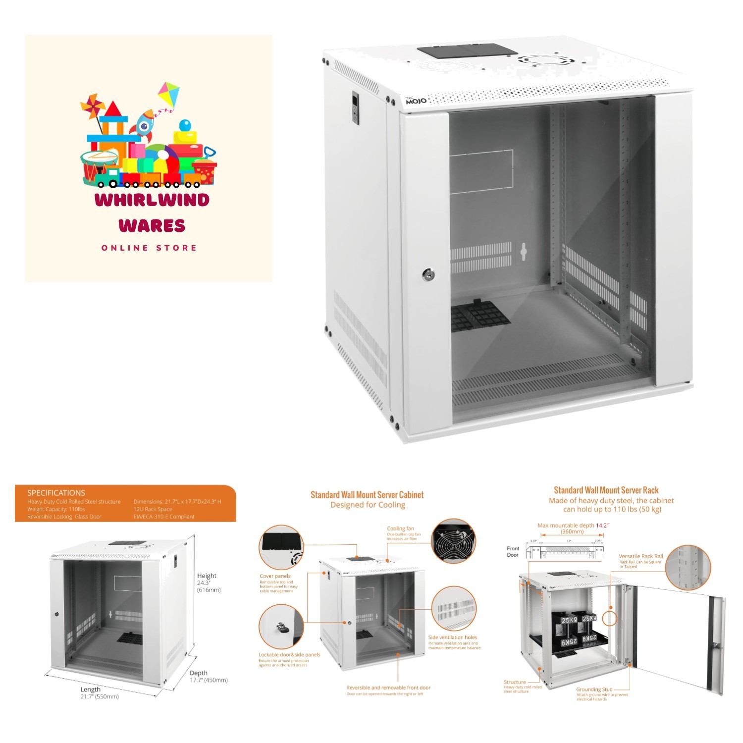 Compact 12U Wall-Mounted Server Cabinet with Adjustable Rails - 110 lbs Capacity