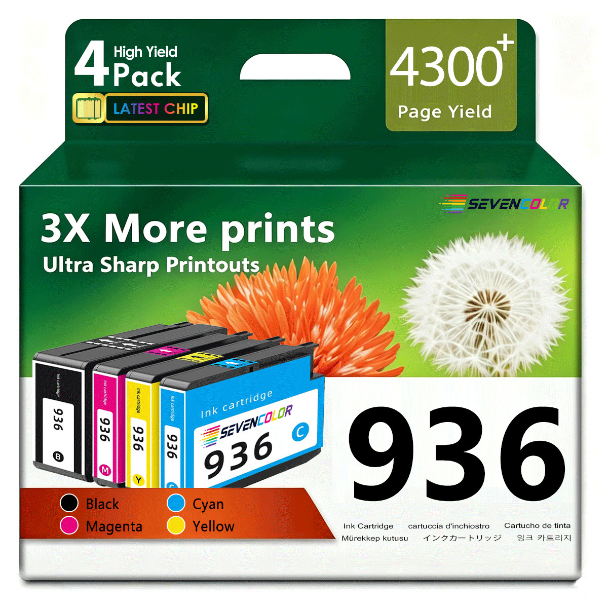 936 Ink Cartridges (4-Pack, KCMY) | Works with OfficeJet 9120, Pro 9120 Printers
