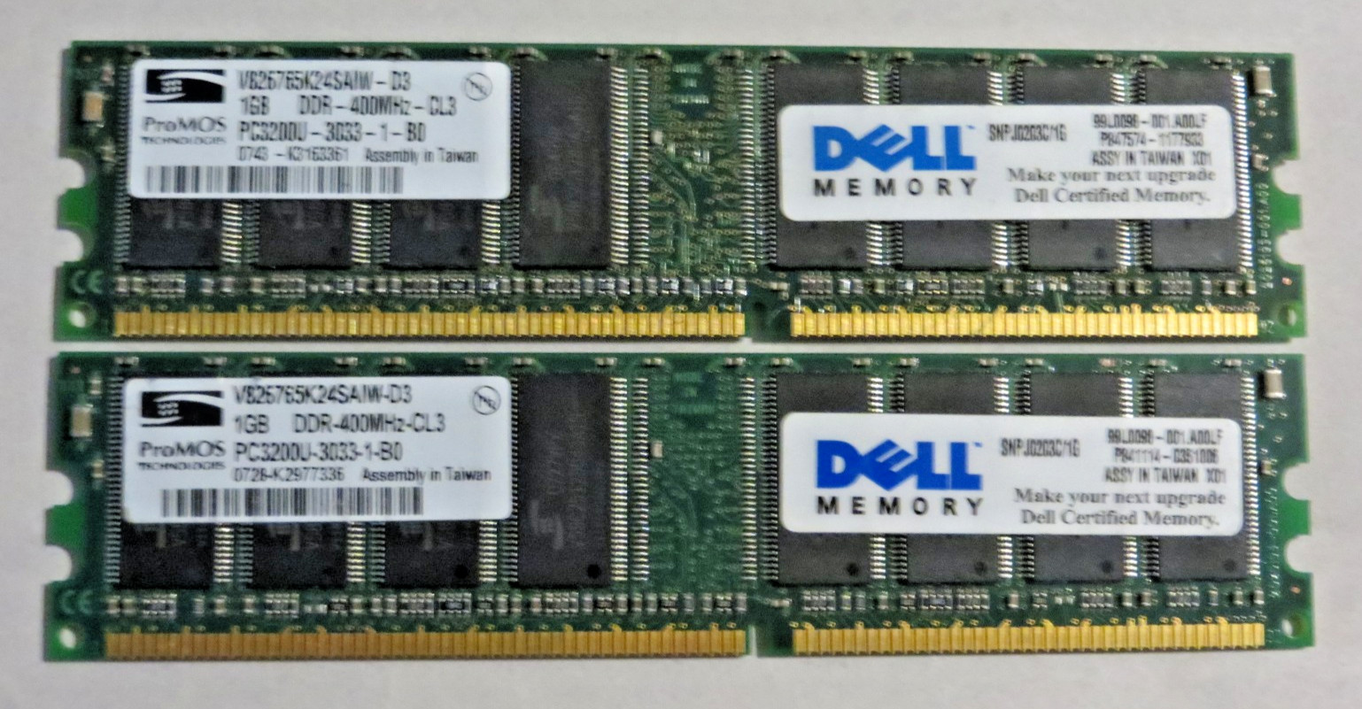 2GB 2x1GB PC3200 DELL SNPJ0203C/1G ProMOS DDR-400 DESKTOP RAM KIT PC-3200 DDR1