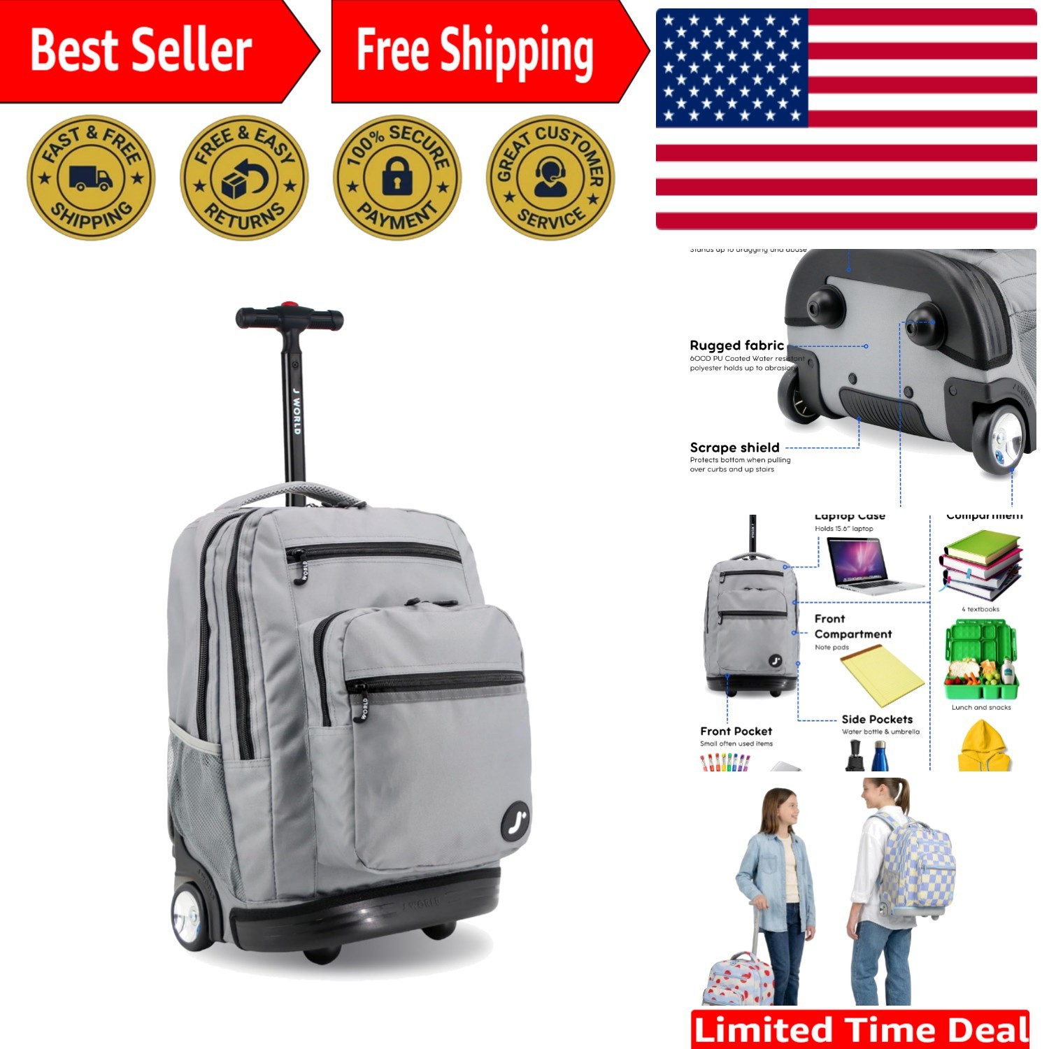 Versatile 20 Inch J World Rolling Backpack with Padded Laptop Compartment, Grey