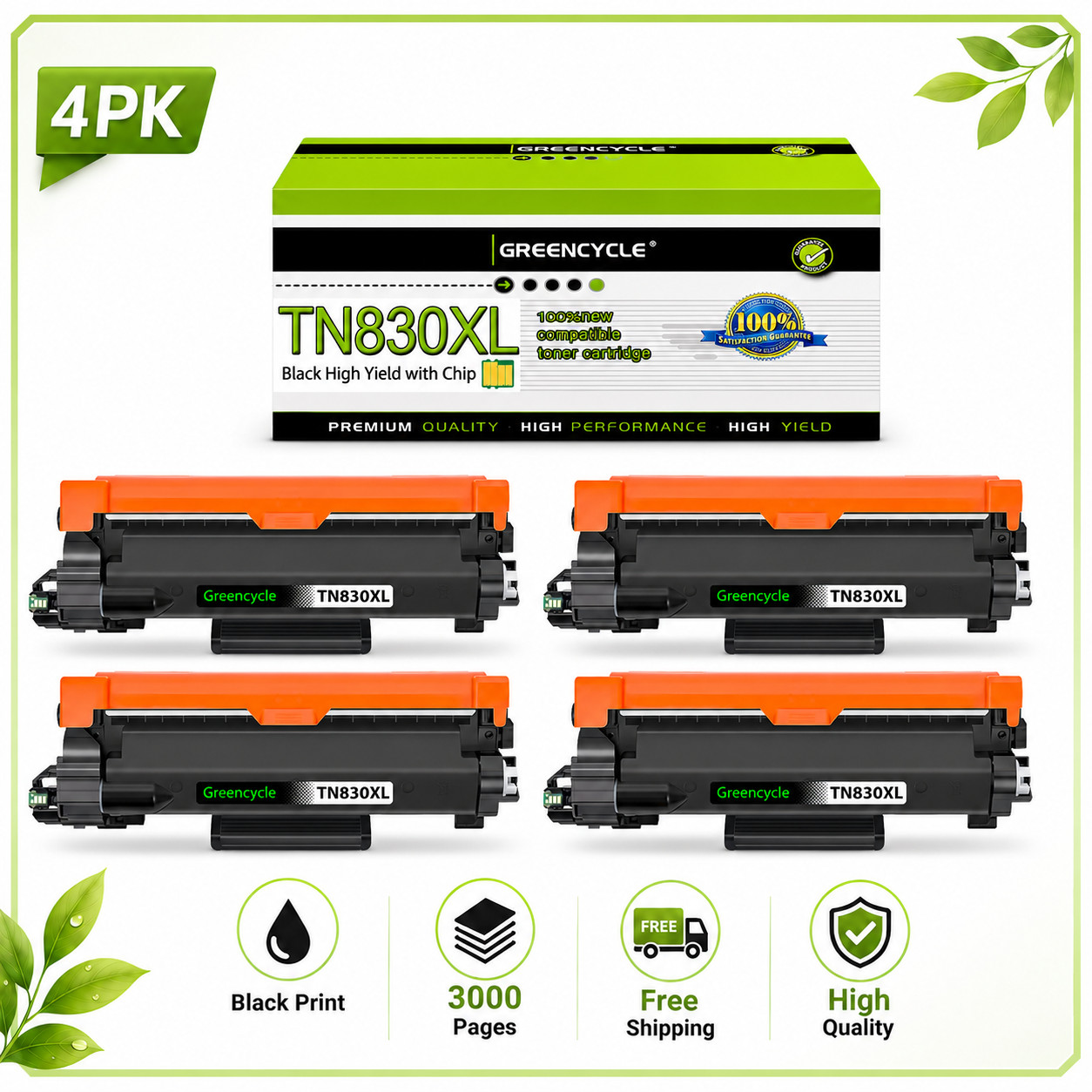 Black TN830XL Toner Cartridge 4PK Fits Brother HL-L2460DW DCP-L2640DW HL-L2405W