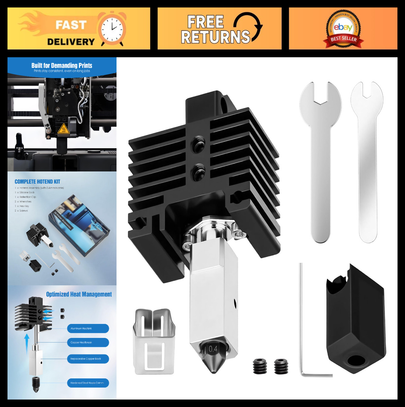 All-Metal High-Temperature Hotend Kit for 3D Printers, 0.4mm Nozzle, Stable Extr