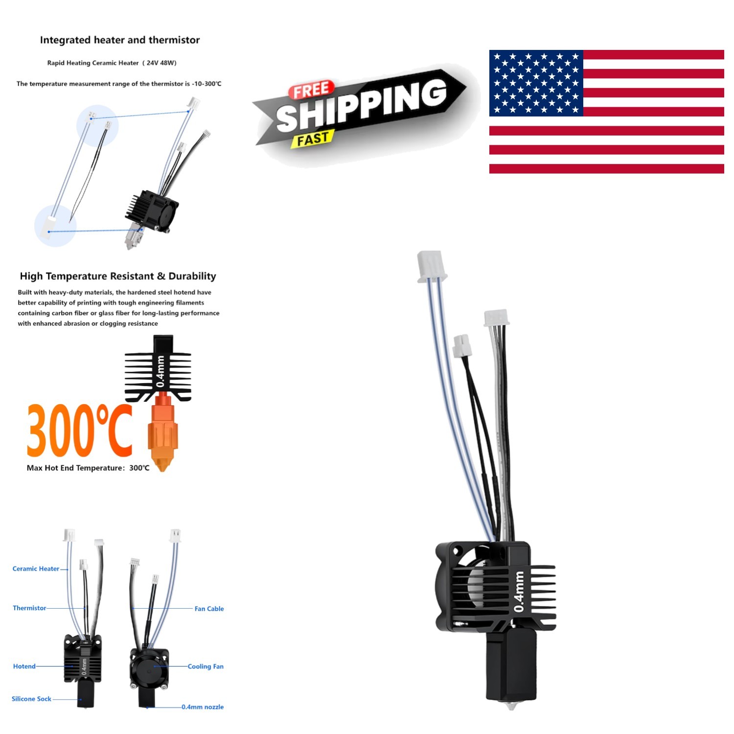 Durable Hotend Complete Kit 0.4mm with Cooling Fan and High Performance Nozzle