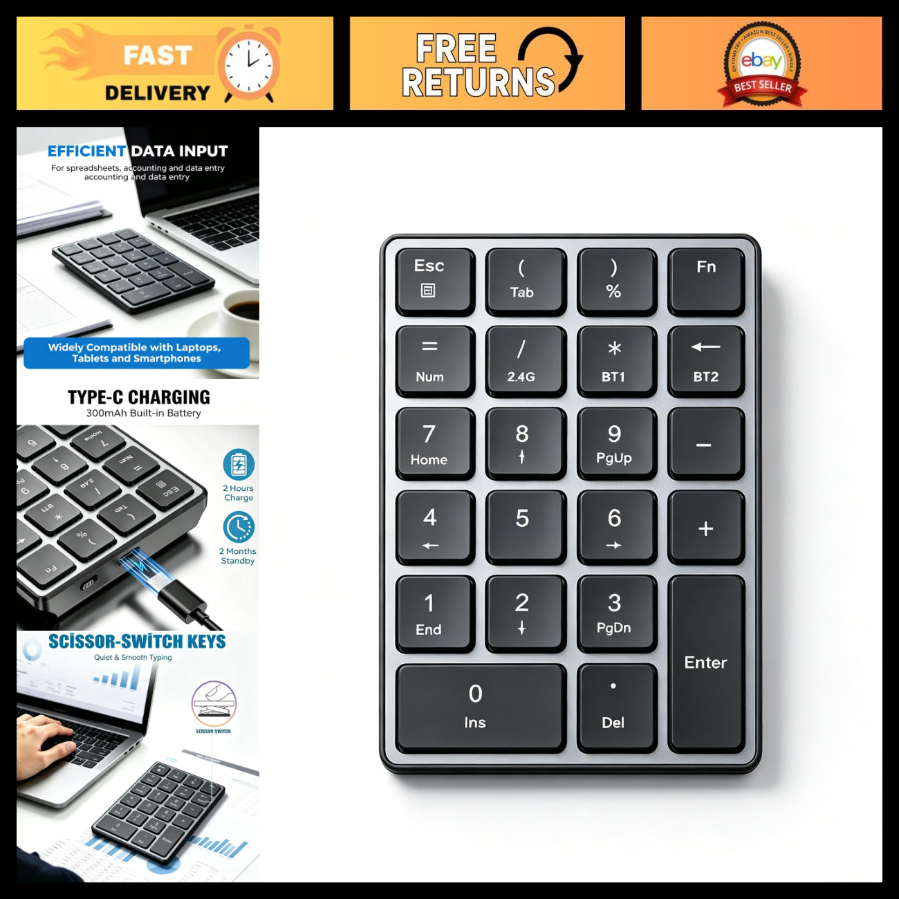 Wireless Numeric Keypad, Bluetooth & 2.4G USB Number Pad, 22-Key Numpad