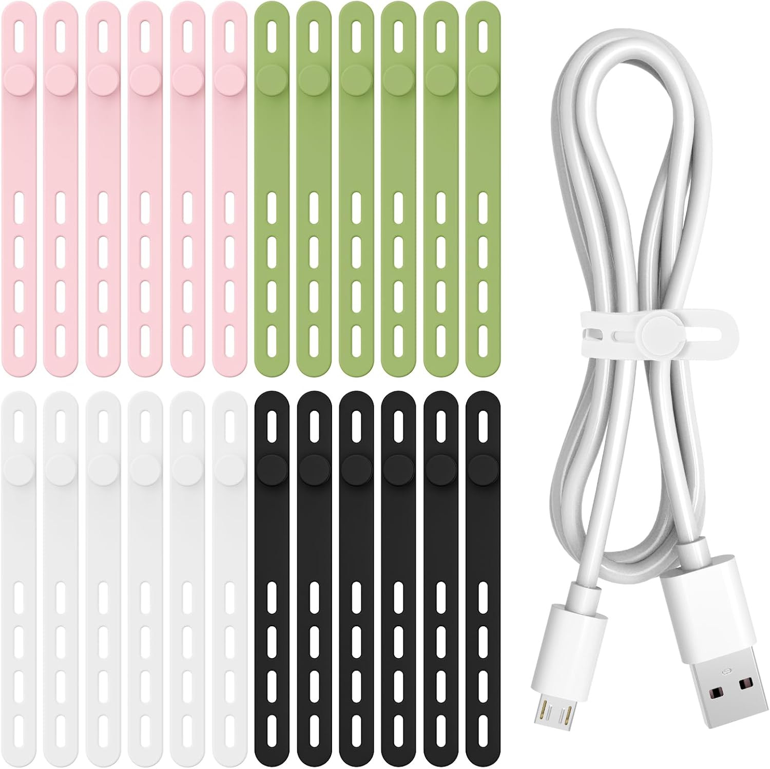 24Pcs Silicone Cable Ties, Reusable Cord Organizer Straps, 4 Colors