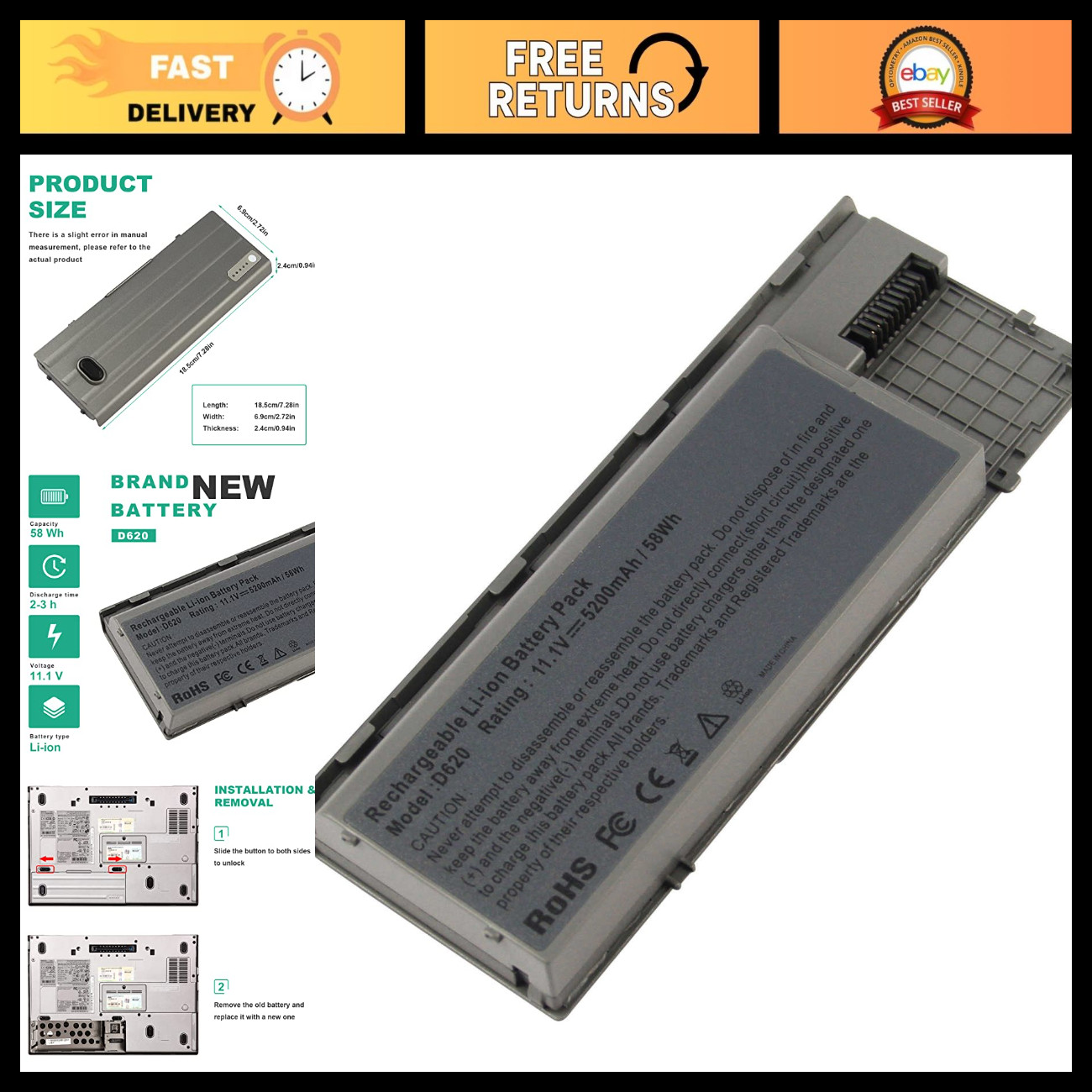 High-Capacity 5200mAh Laptop Battery Replacement for Dell Latitude D620 D630 D63