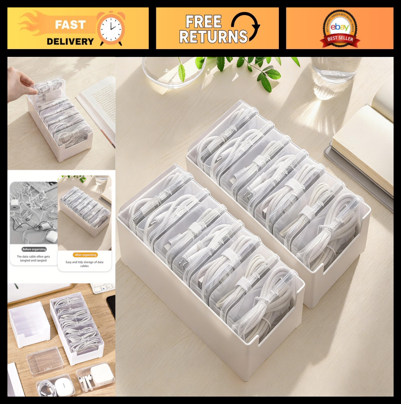 2 PCS Cable Organizer Box with 7 Clear Switch Cases - Desktop Cord Storage for H