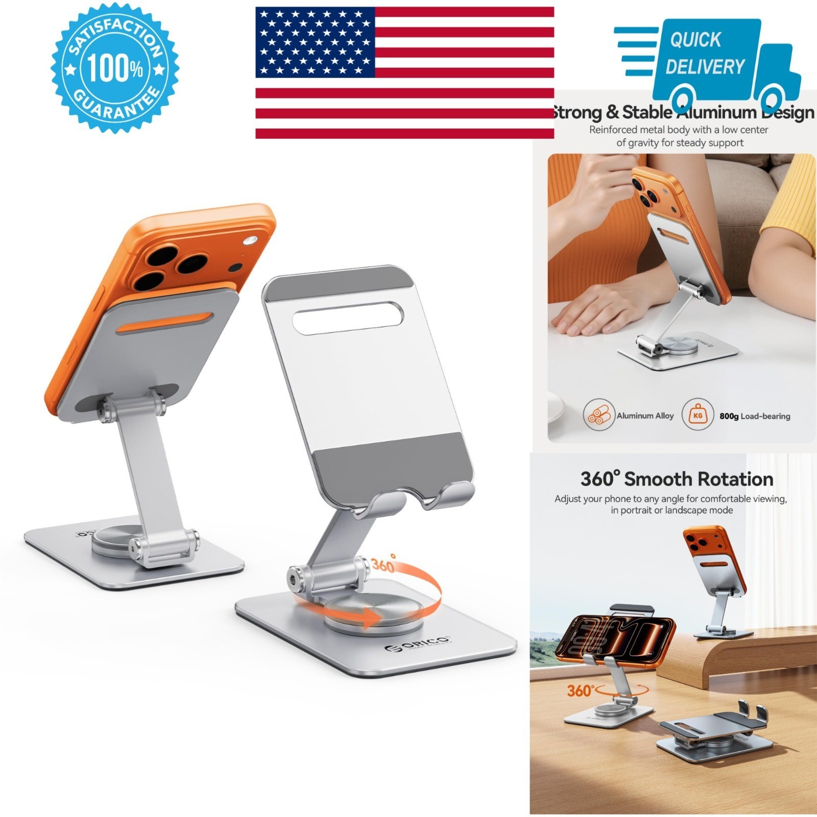 ORICO Adjustable Aluminum Phone Stand for Desk with 360° Rotation