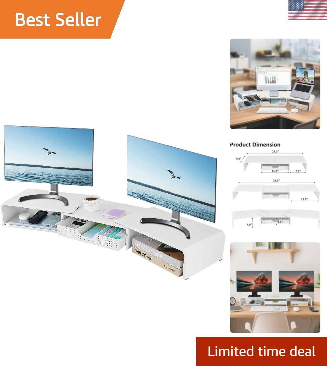 Ergonomic Dual Monitor Stand Riser with Drawer - Versatile Metal Desk Organizer