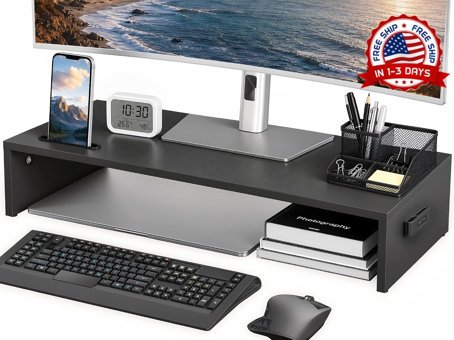 Soporte Para Monitor De Madera Con Portacelular Oculto Para Escritorio Negro