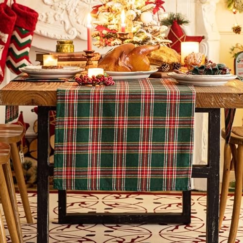 Christmas Table Runner, Winter Holiday Table Runners 72 Green Red Plaid 13x72"