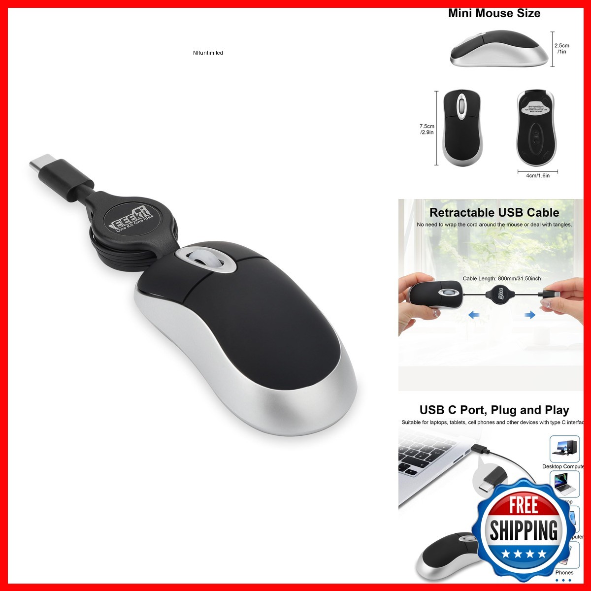 EEEKit Mini Wired USB C Mouse, 3-Button Retractable Corded Mouse, Black