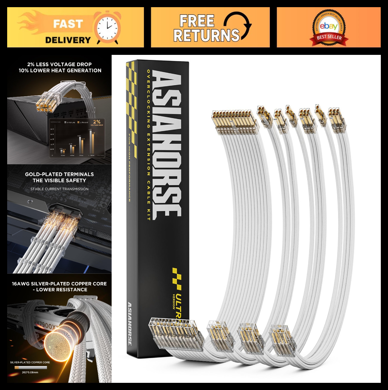 High-Performance 16AWG Silver-Plated PSU Cable Extension Kit - 24pin/4+4pin/8pin
