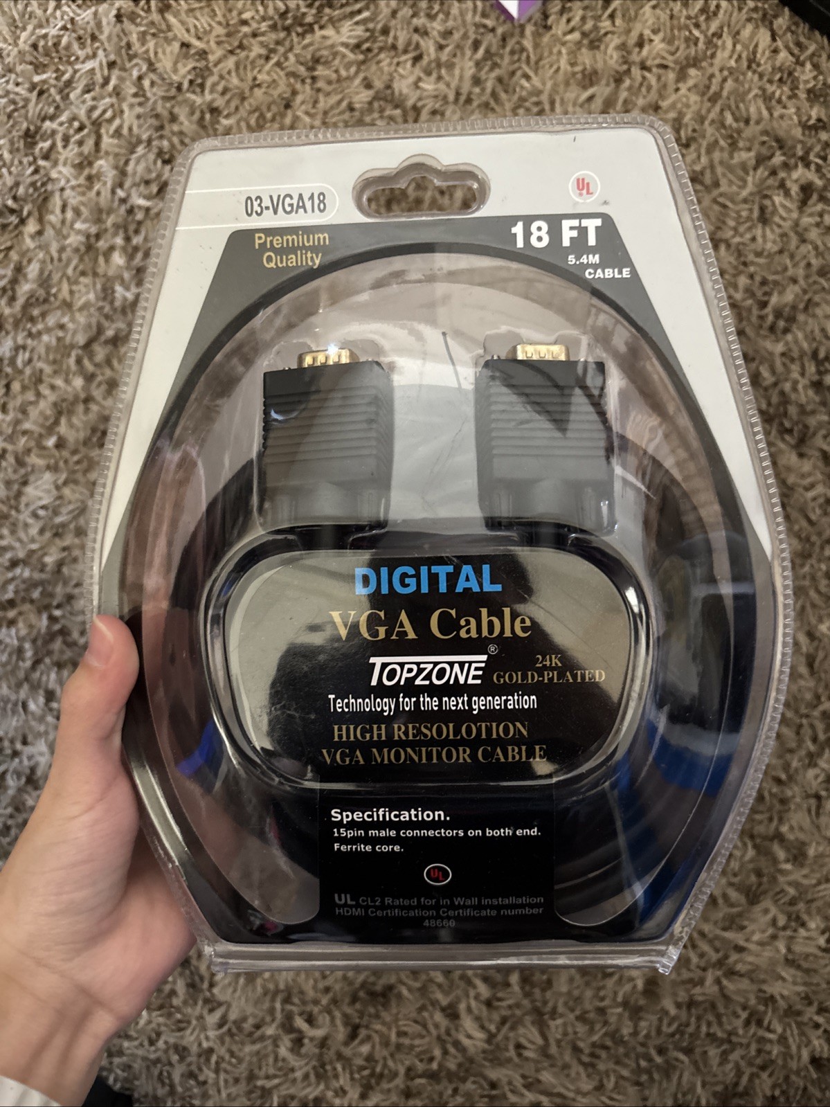 Vga Cable 18FT Topzone High Resolution Gold Plated Cable