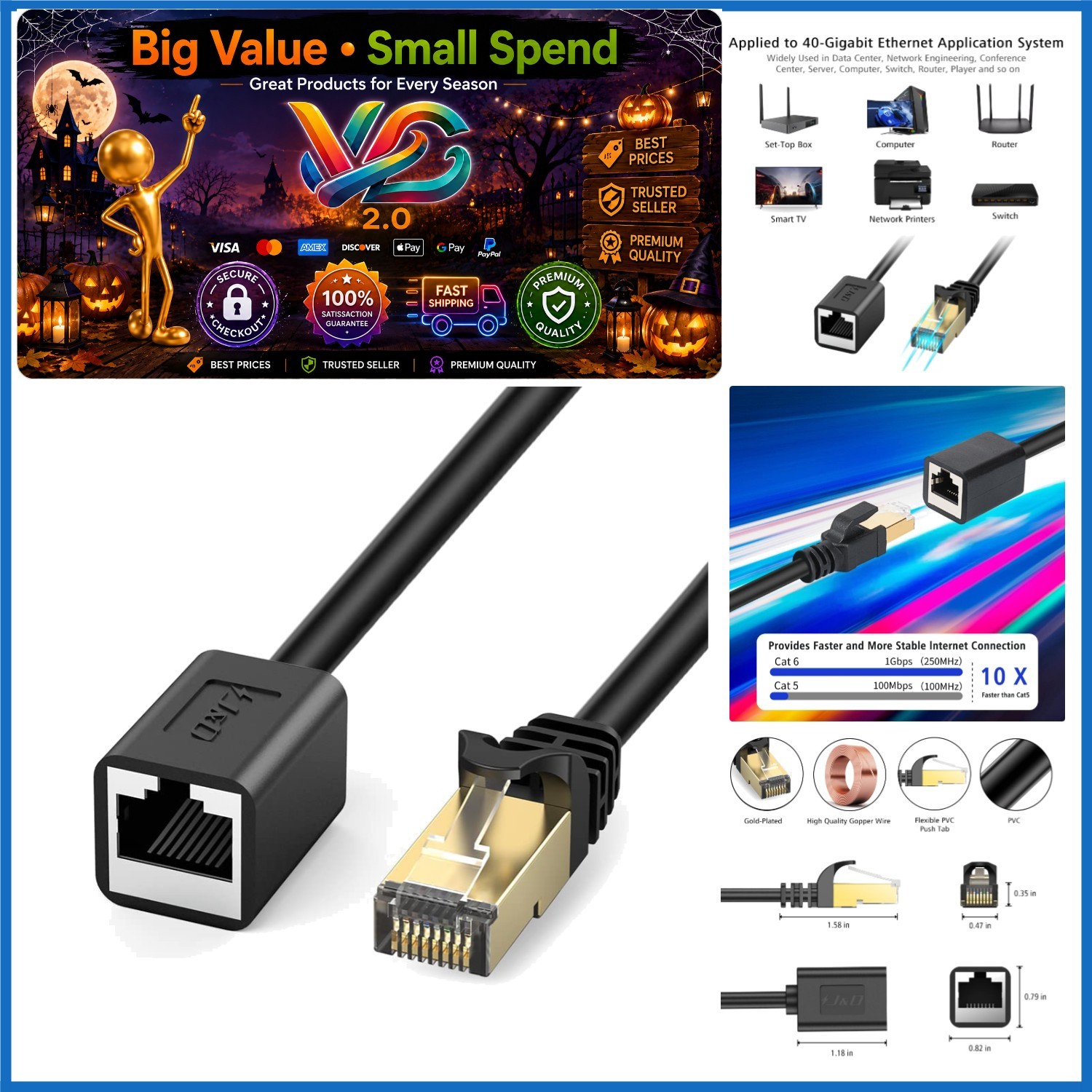 6ft Cat6 Ethernet Extension Cable Shielded RJ45 Male to Female Black
