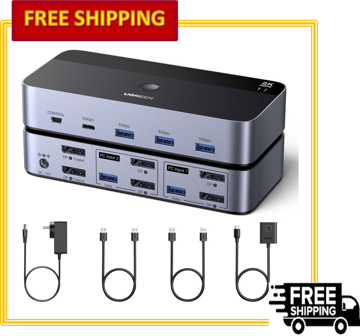 UGREEN 8K@60Hz DP KVM Switch 2 Monitors 2 PCs with 4 USB3.0 Ports & Controller
