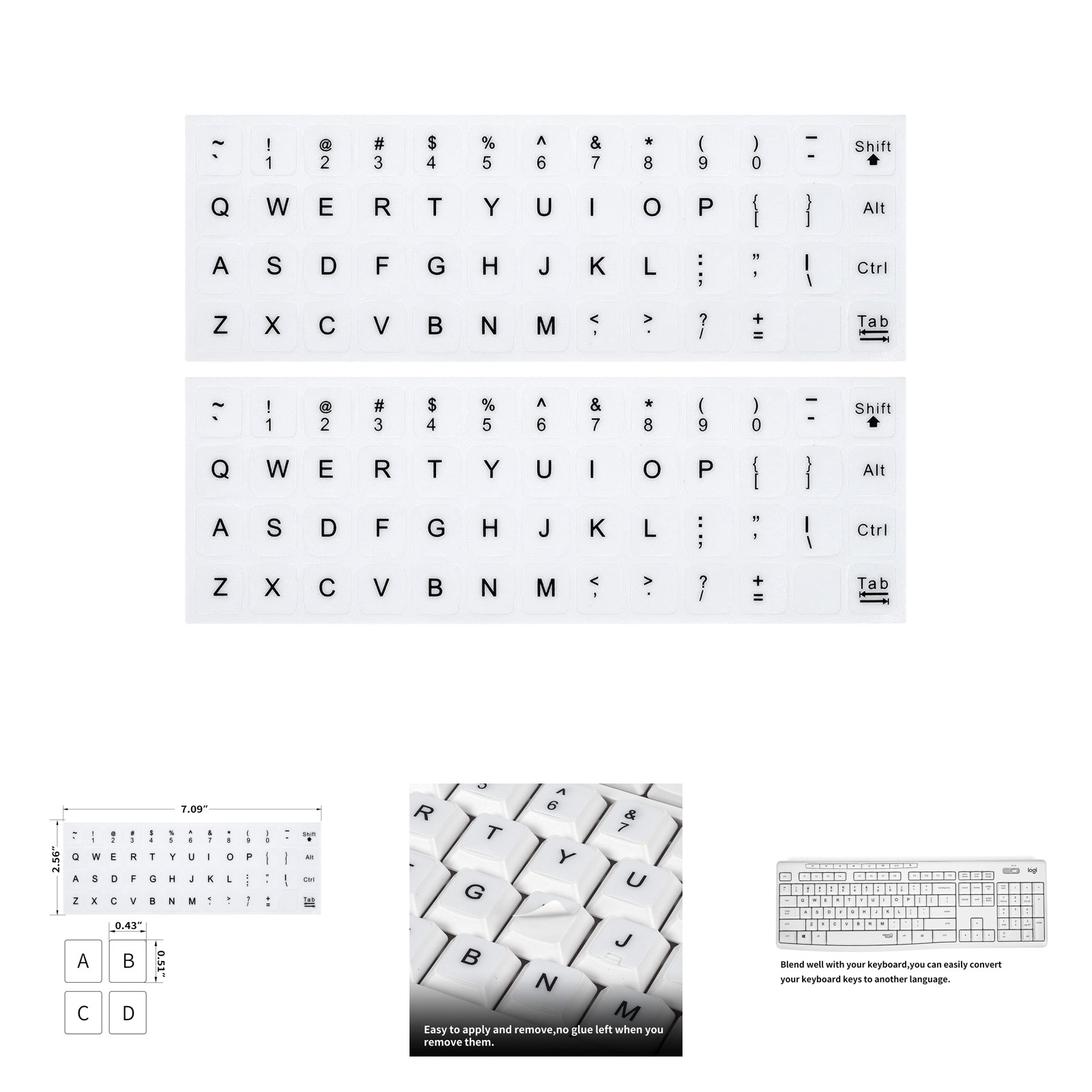 2PCS Keyboard Stickers English White Background Black Lettering for Laptops