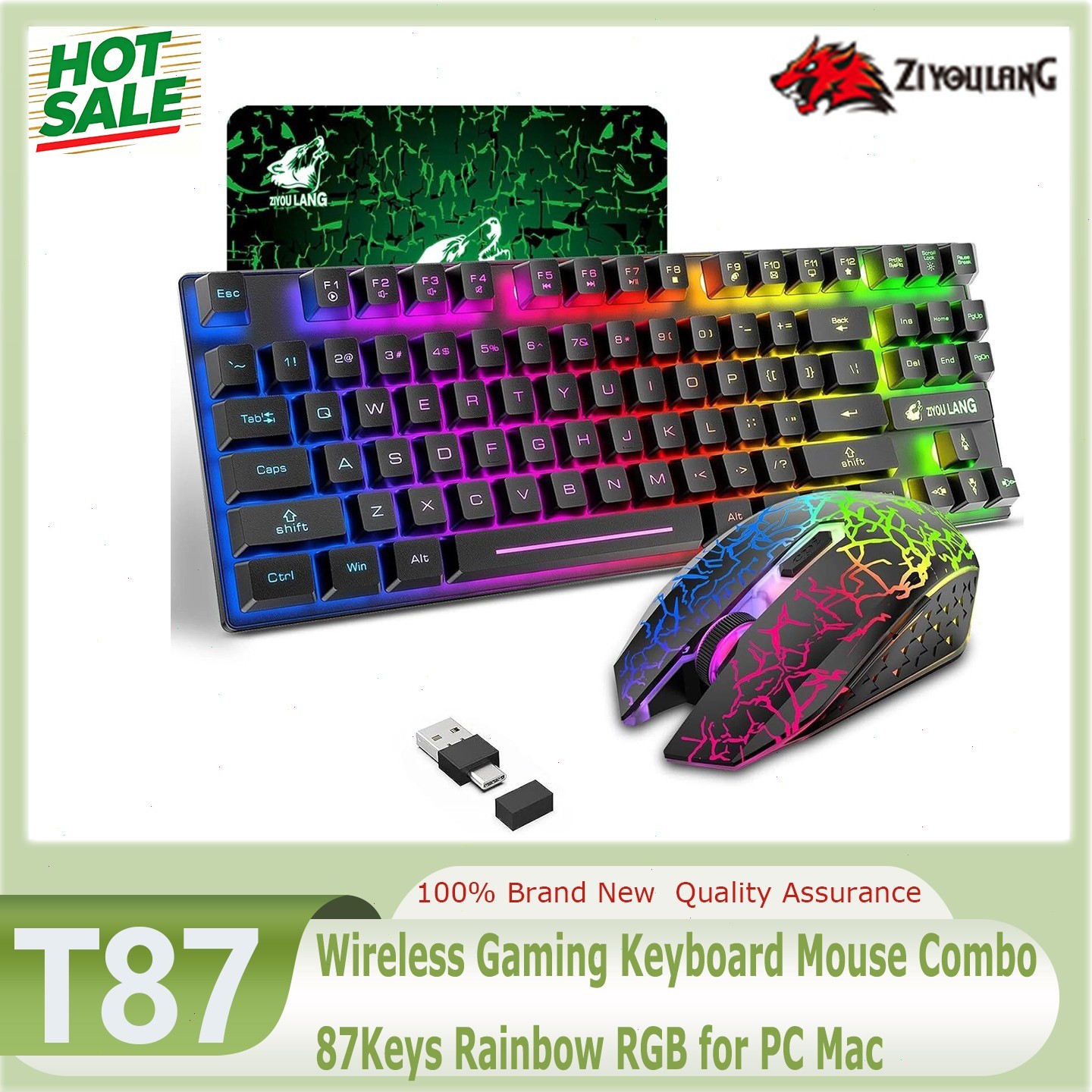 ZIYOULANG T87 Wireless Gaming Keyboard Mouse Combo 87Keys Rainbow RGB for PC Mac