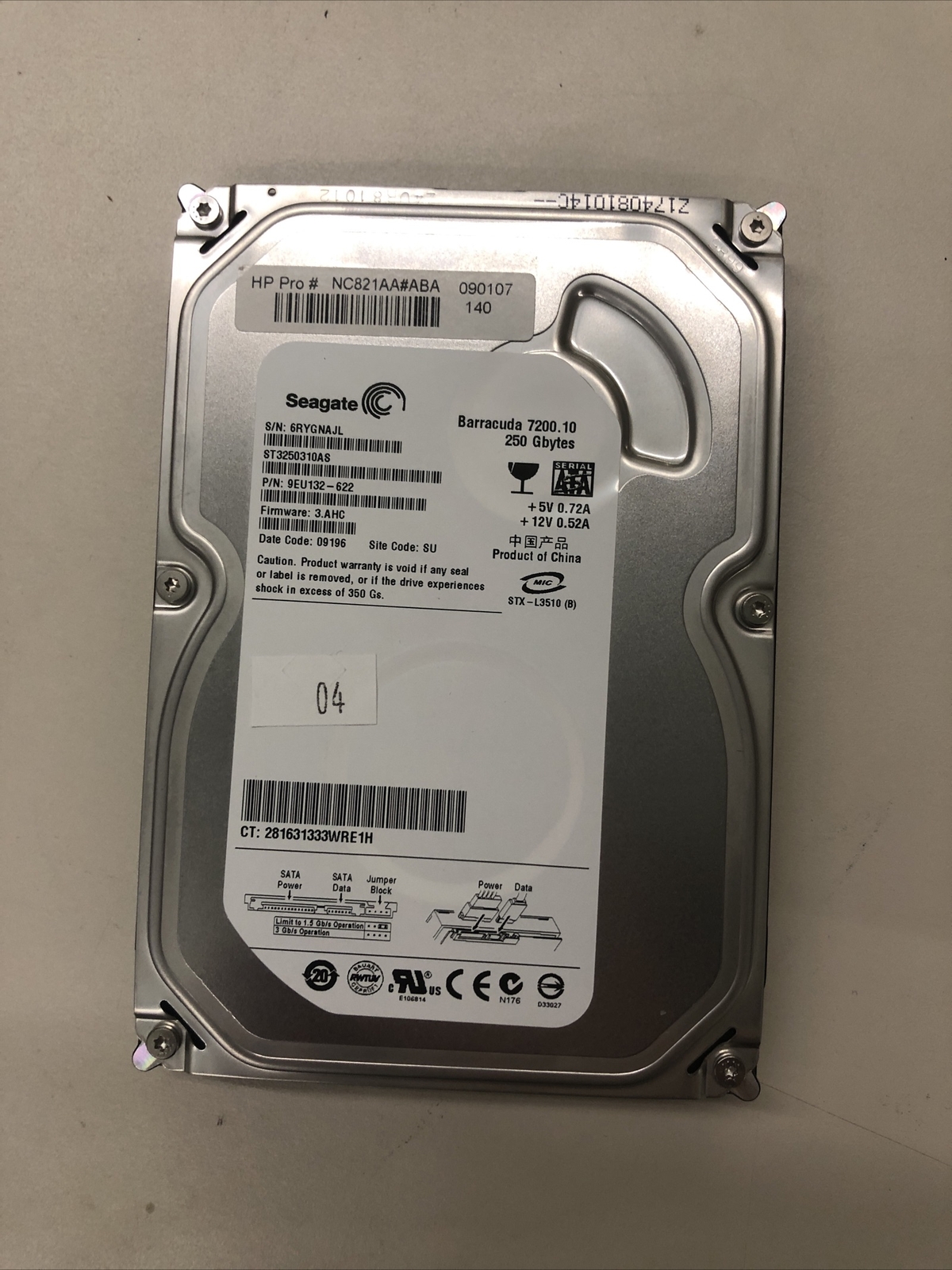 SEAGATE BARRACUDA 7200.10 250GB SATA WORKING - PREOWNED