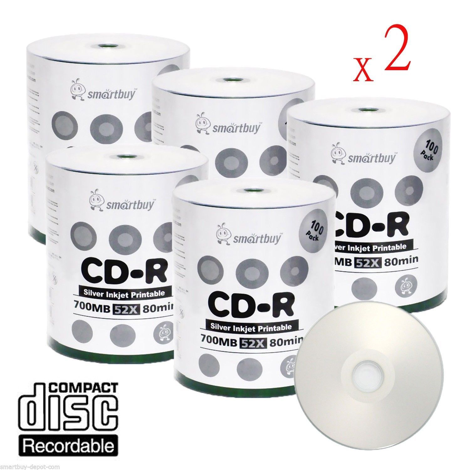1000 Pcs Smartbuy Grade A+ CD-R 52X 700MB Silver Inkjet Hub Printable Blank Disc