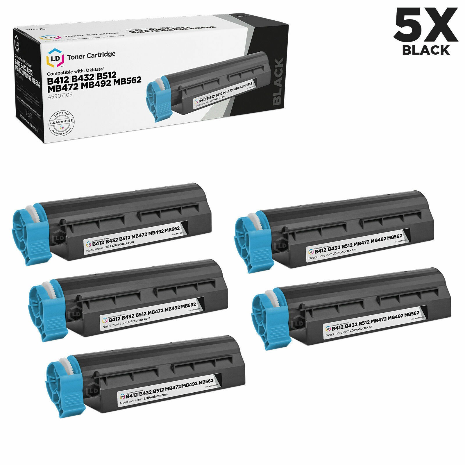 LD Compatible Okidata 45807105 Black Toner 5PK for MB472w, MB492, MB562w, B432dn