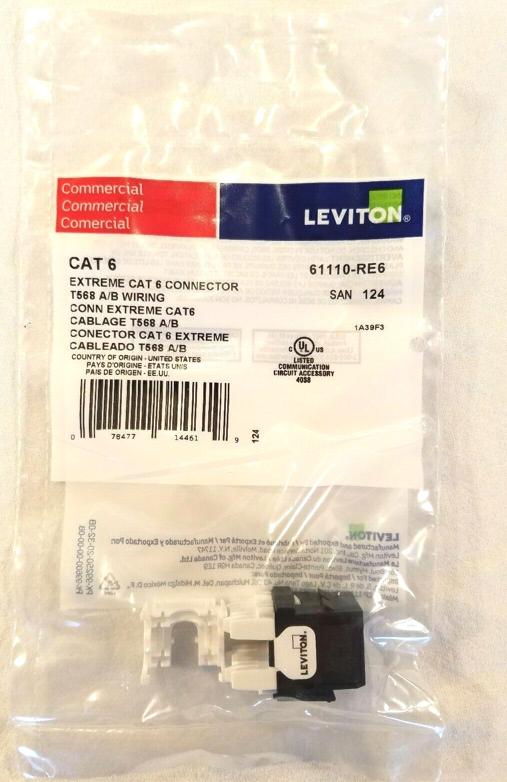 Leviton 61110-RE6 eXtreme Category6 Jack - Keystone - Black - QUANTITY OF 10
