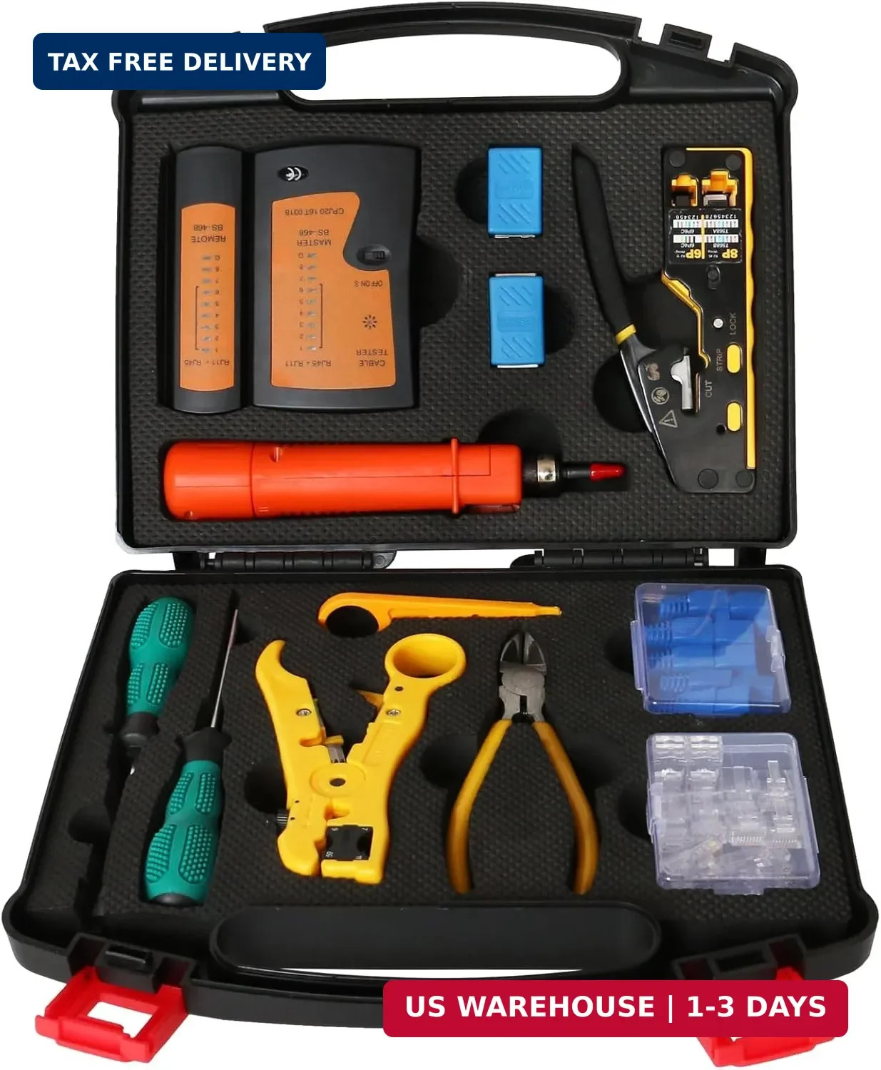 Network Tool Kit, 12 in 1 Professional RJ45 Crimp Tool Kit Pass Through Crimper
