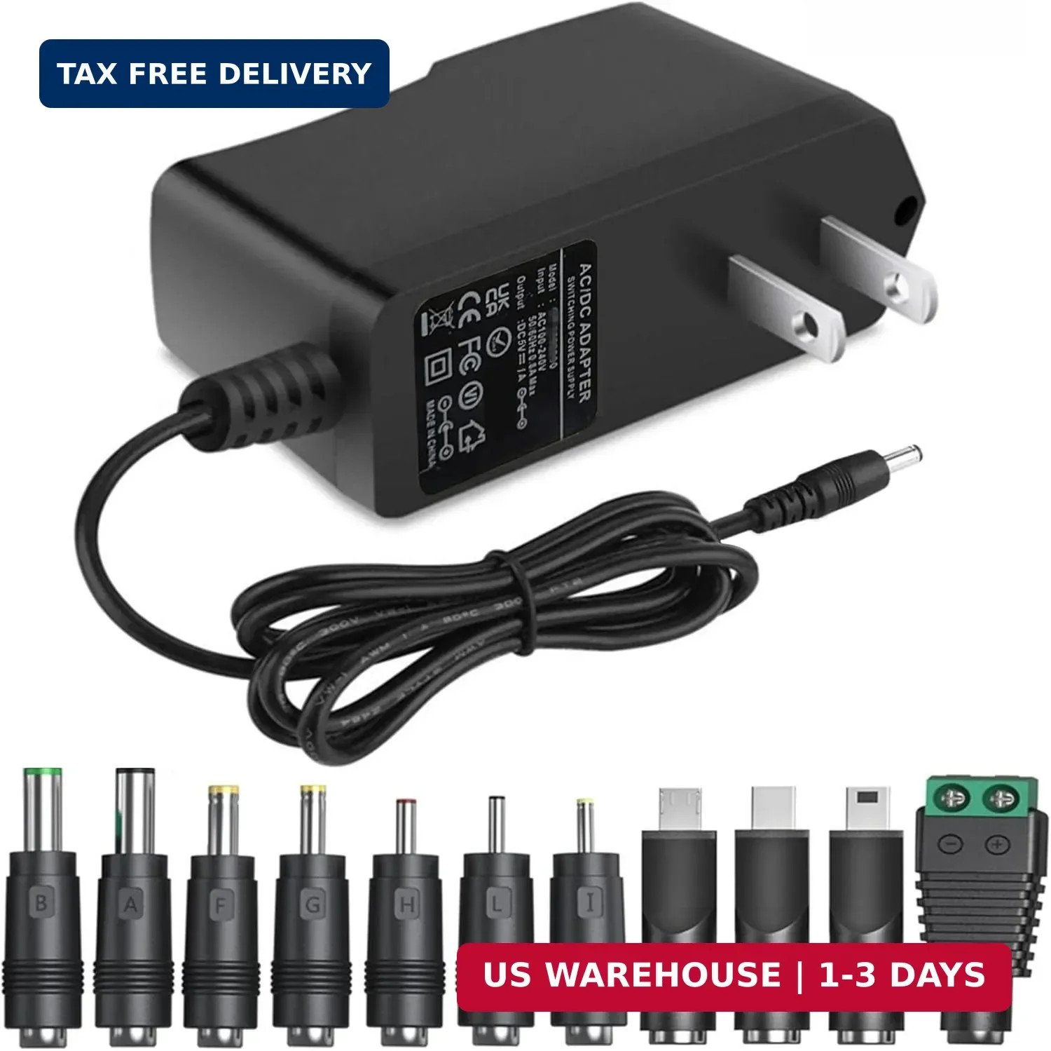 5V 1A AC Adapter DC5V Power Supply Cord with 11 Plug Tips AC to DC 5Volt 1A 500m