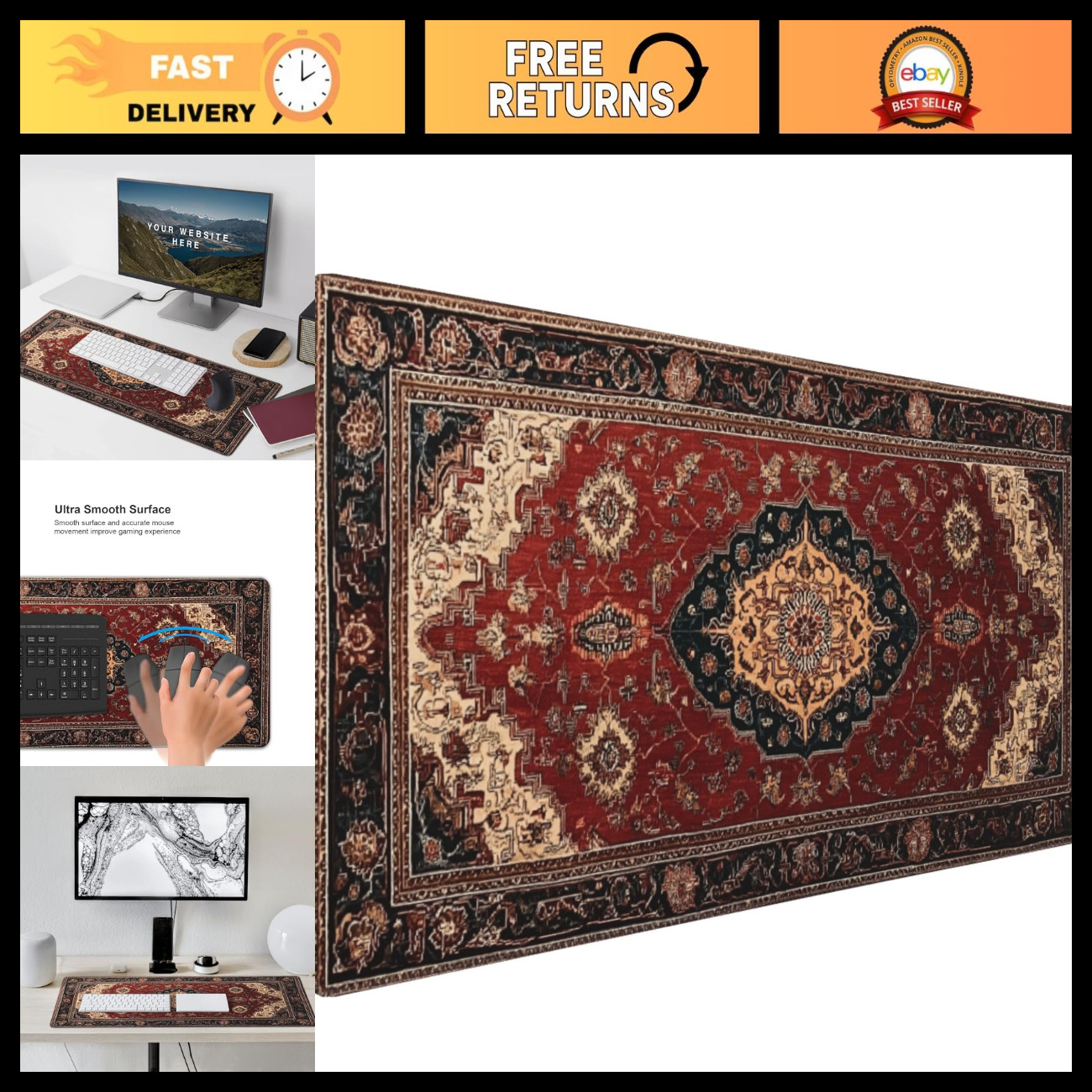 Large Vintage Persian Rug Mouse Pad 35.4" x 15.7" - Non-Slip, Water Resistant De
