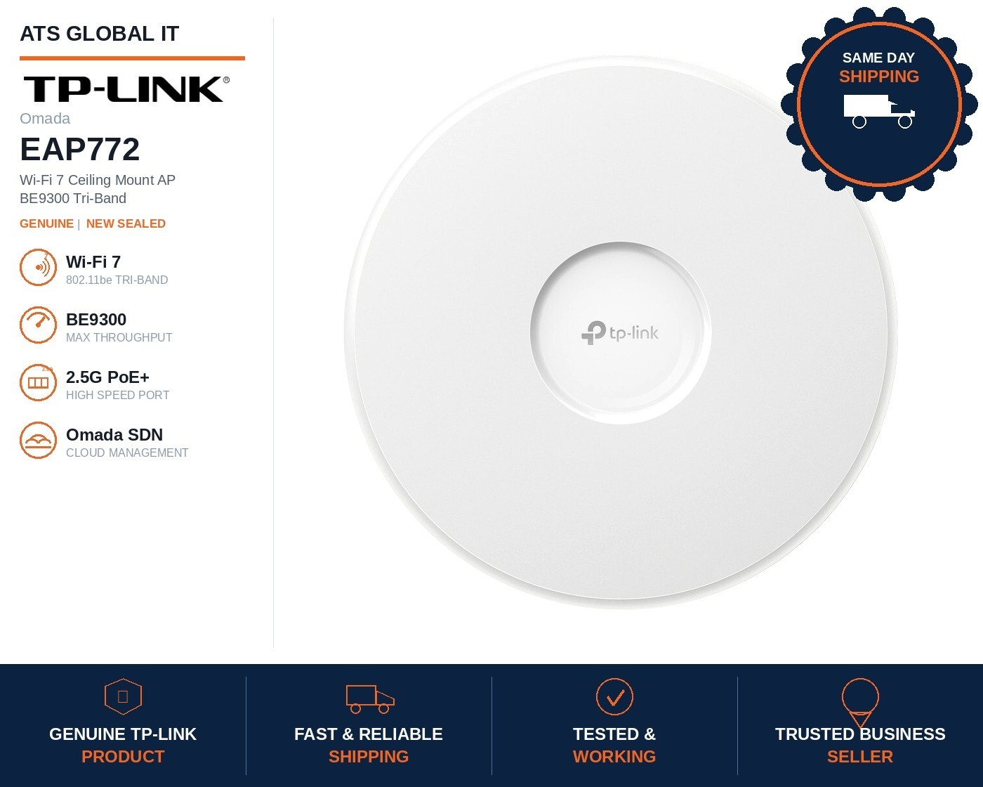 TP-Link Omada EAP772 — Wi-Fi 7 BE9300 Ceiling Mount Access Point | New Sealed