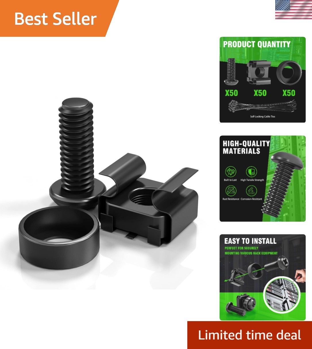 Heavy-Duty M6 x 16mm Rack Mount Nuts & Screws - 50 Pack with Cable Ties Included