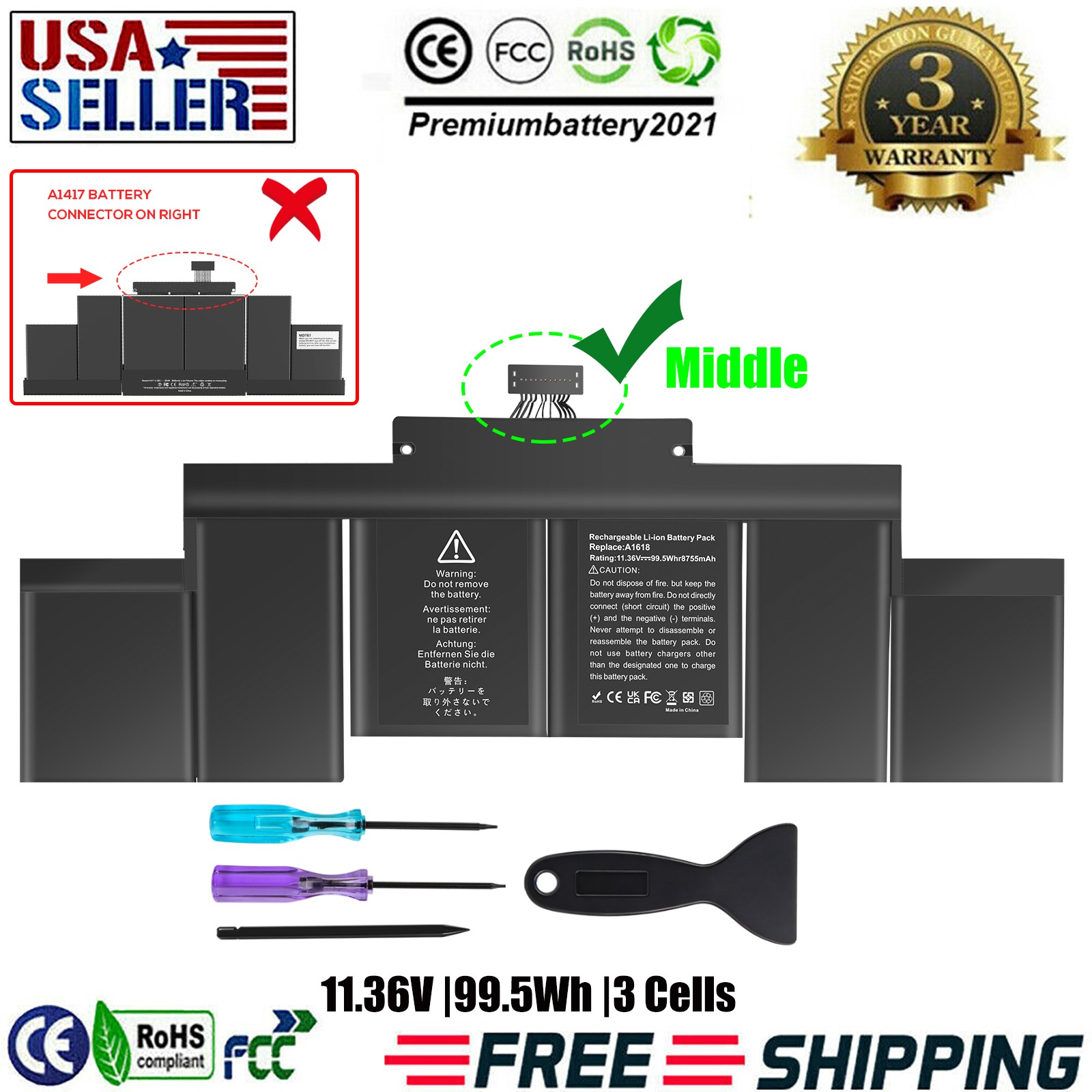 ✅A1618 A1398 Battery For Apple MacBook Pro 15‘’ Retina Late 2013 Mid 2014 2015