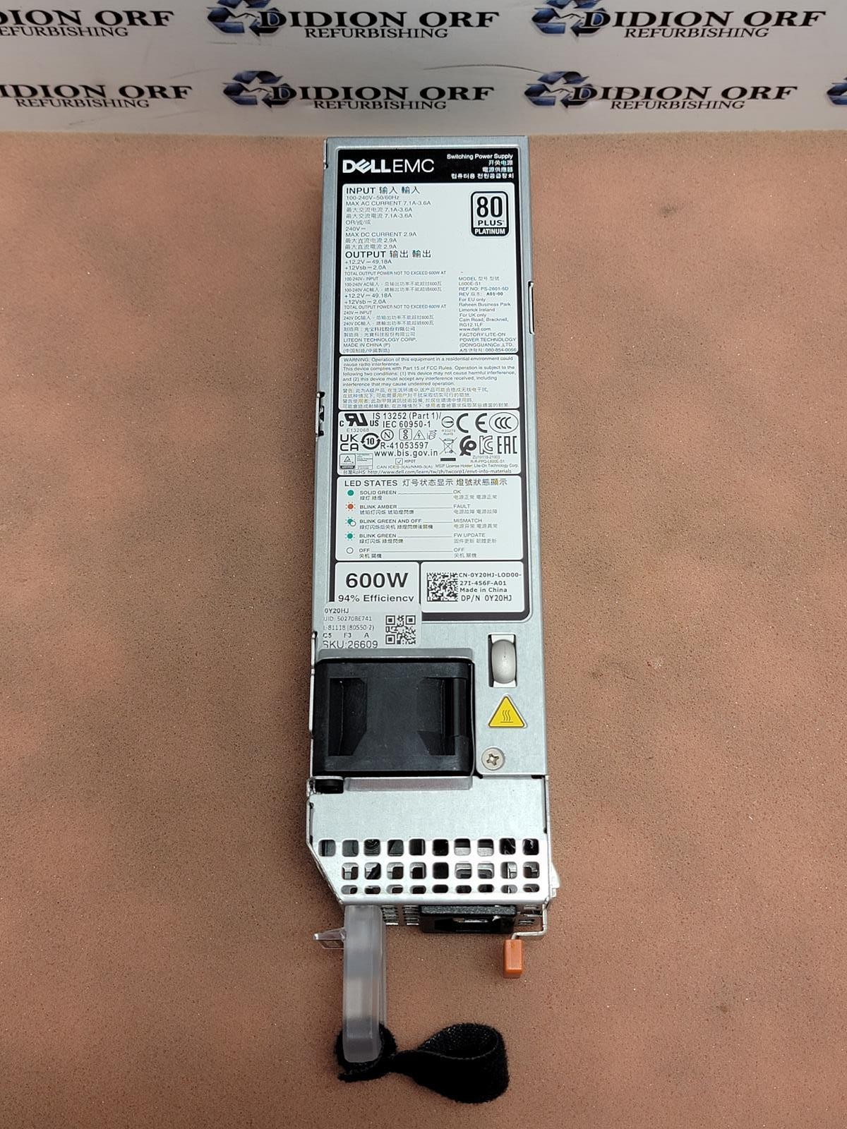 Dell PowerEdge 15th/16th Gen 600W Platinum Power Supply 0Y20HJ Grade A SKU 26609