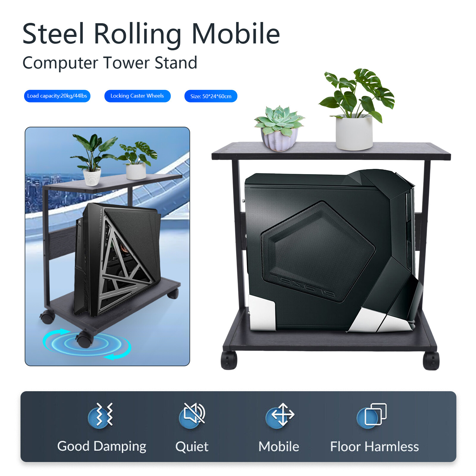 2-Tier Metal PC Desktop Holder CPU Stand Computer Tower w/ Lockable Caster Wheel
