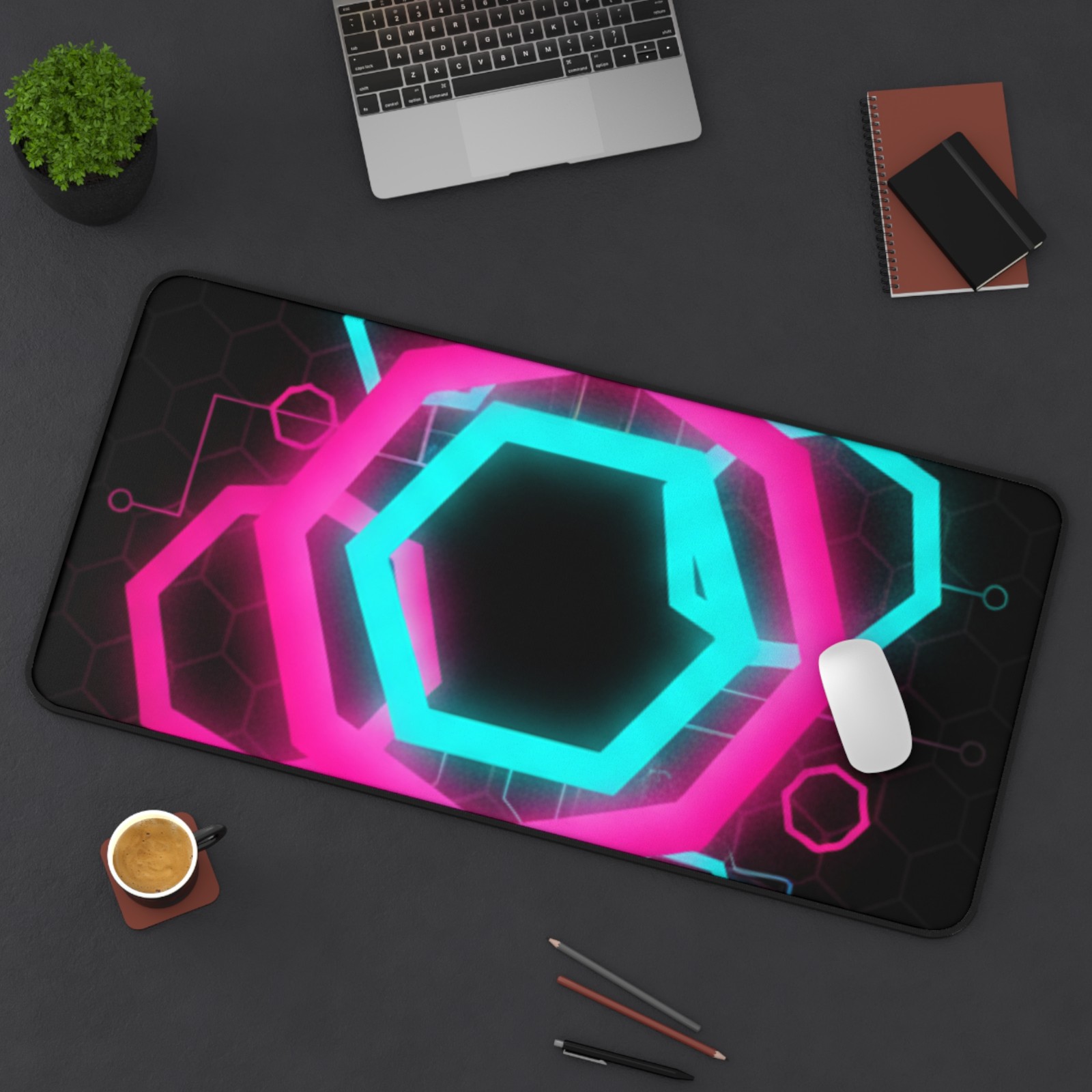 Neon Cyberpunk Hexagon Tech Pattern Desk Mat | Gaming Desk/Mouse Pad