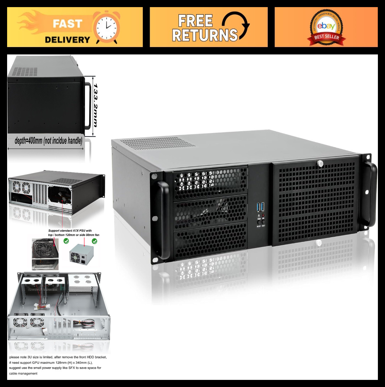 3U Rackmount Server Chassis MATX/Mini-ITX, 3x5.25" Bays, ATX/SFX PSU Support, Co